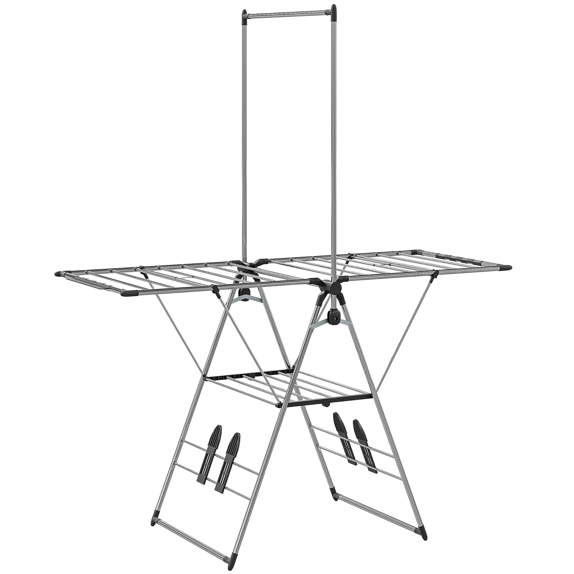 Sammenklappeligt tørrestativ med justerbare vinger og skoholdere, rustfrit stål, 156,5 x 68 x 192 cm, sølv