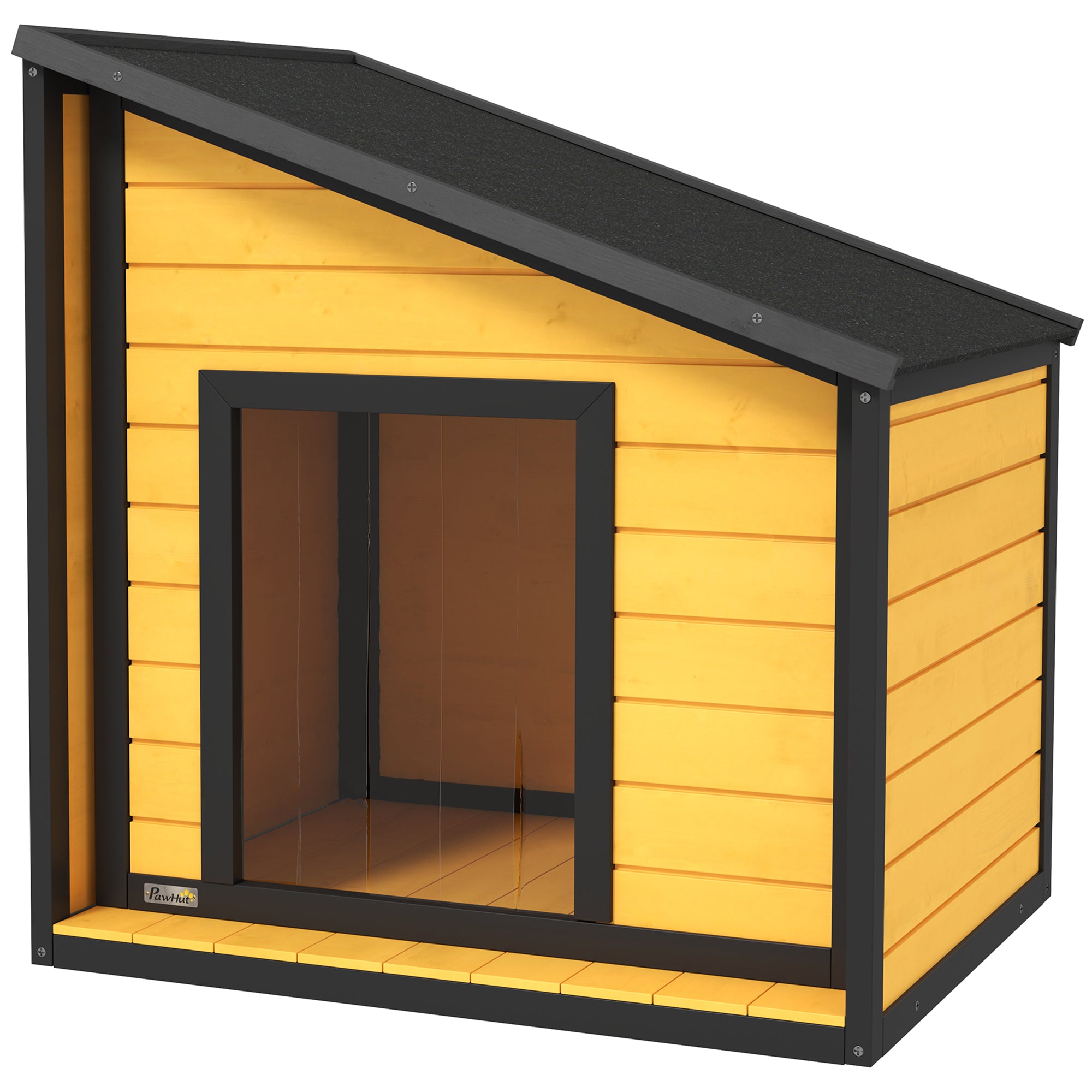 Hundehus, hængslet asfalttag, gardin, 71x58x53/77 cm, sort/gul