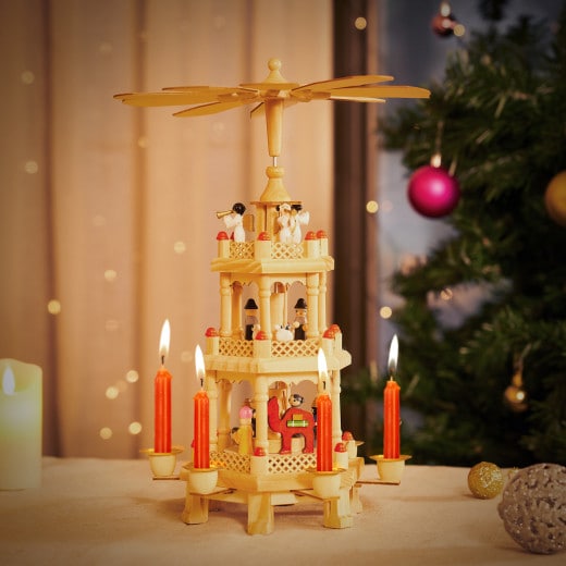 Rotererende julepyramide, brunt træ, 1 fod