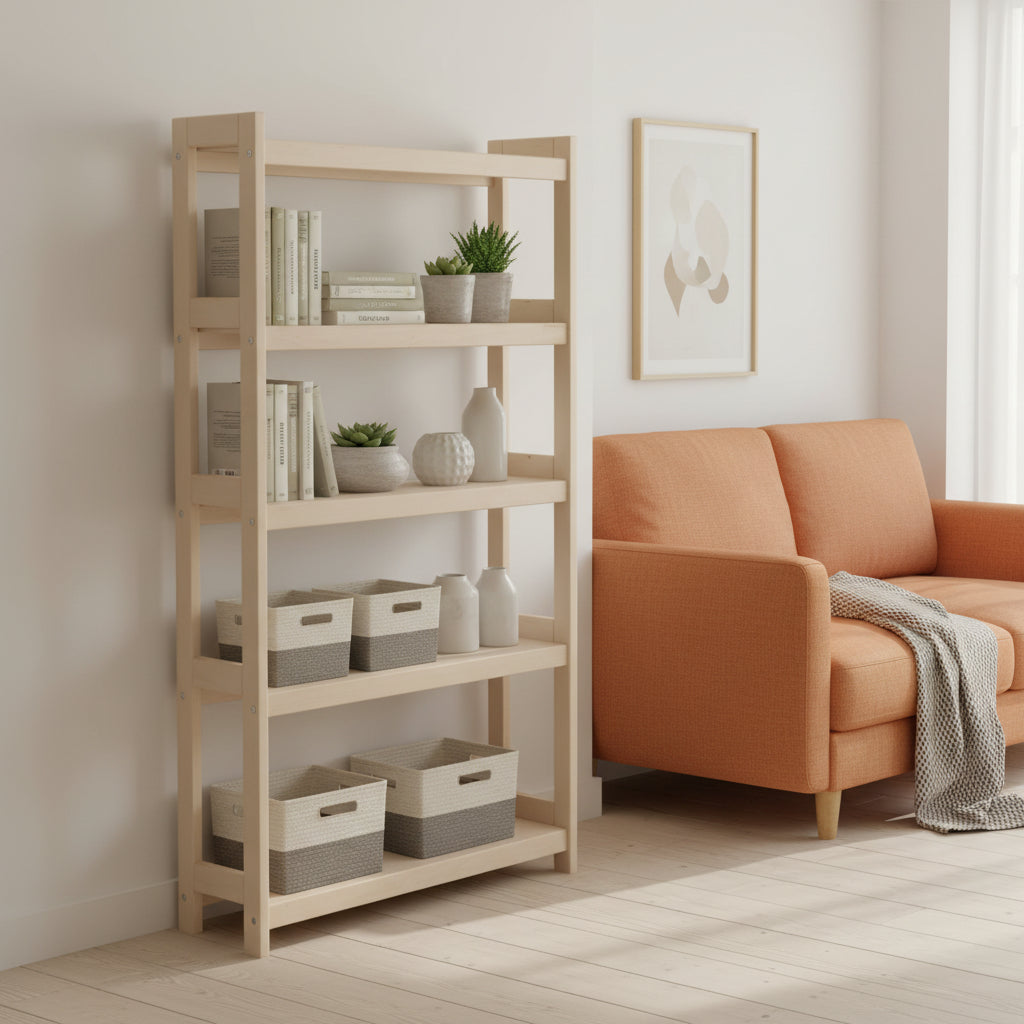 Bogreol i bøgetræ, 5 hylder, 136x70x25 cm