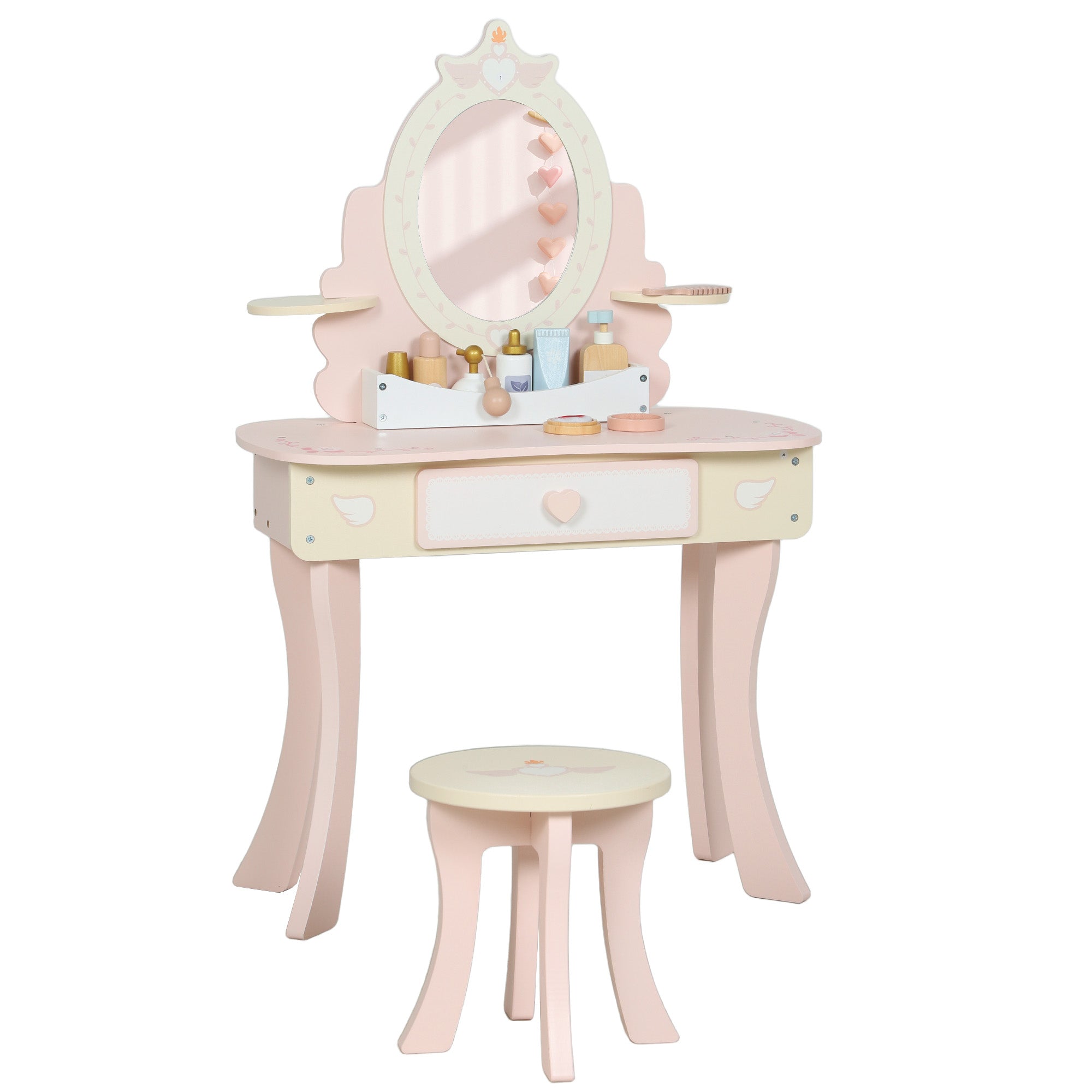 Børnesminkebord, stol, skuffe, aftageligt spejl, børneskrivebord med 7 tilbehør, 2-i-1 design, MDF, pink