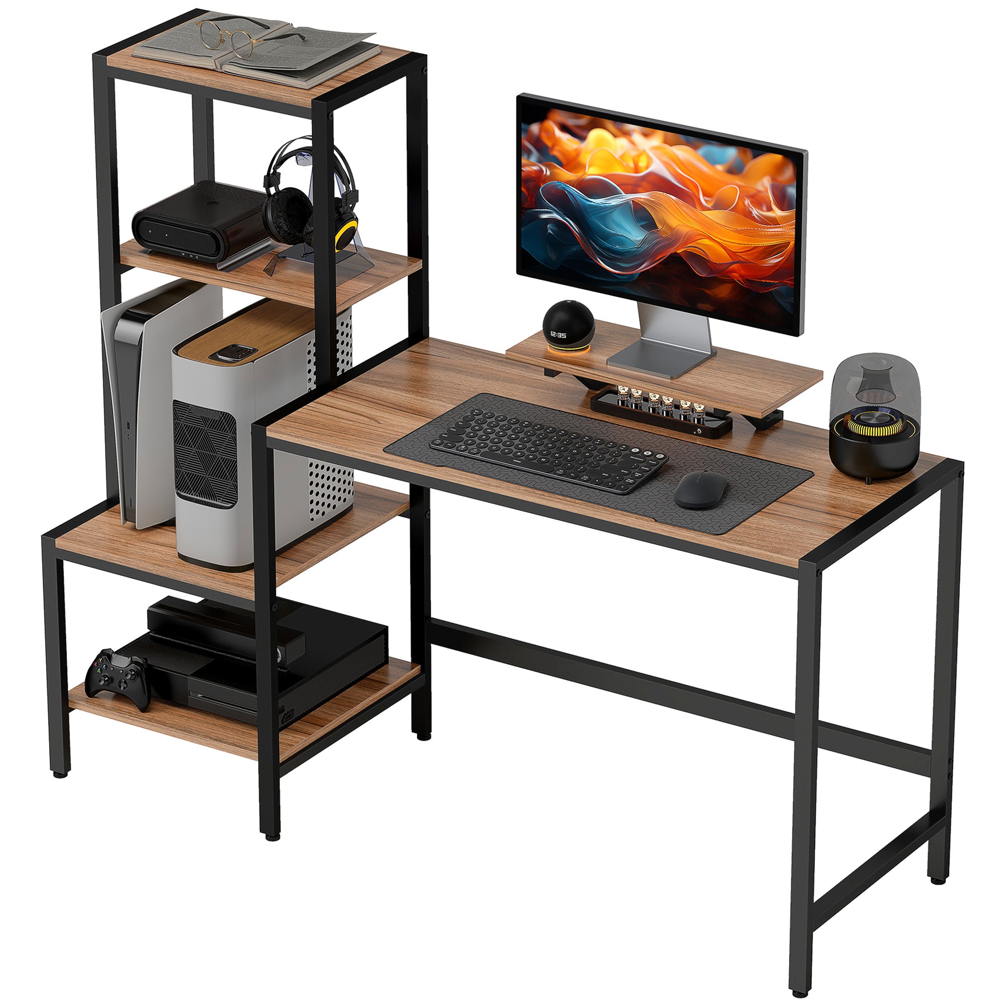 Computerbord med skærmstativ, skrivebord med 4-lags hylde, industrielt design, brun