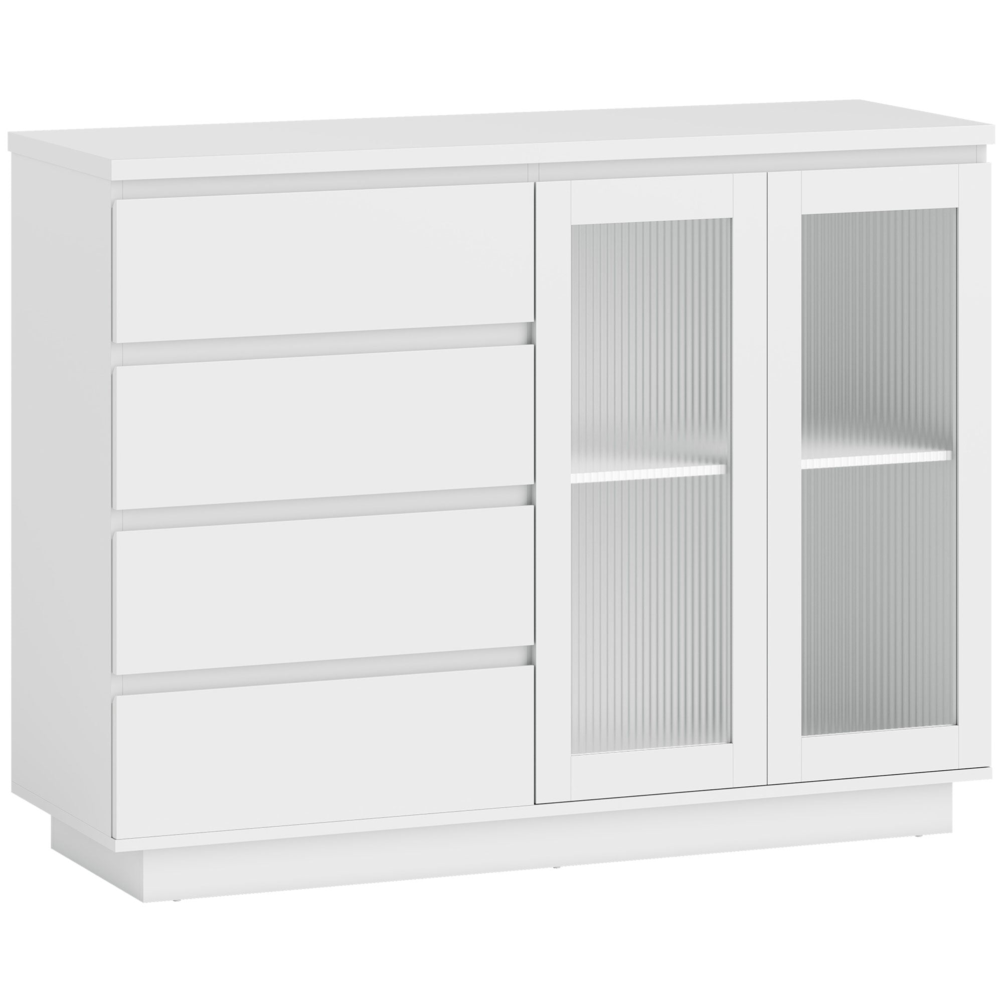 Buffetskab, skænk med 4 skuffer, 2 vitrinelåger, moderne design, MDF, hvid