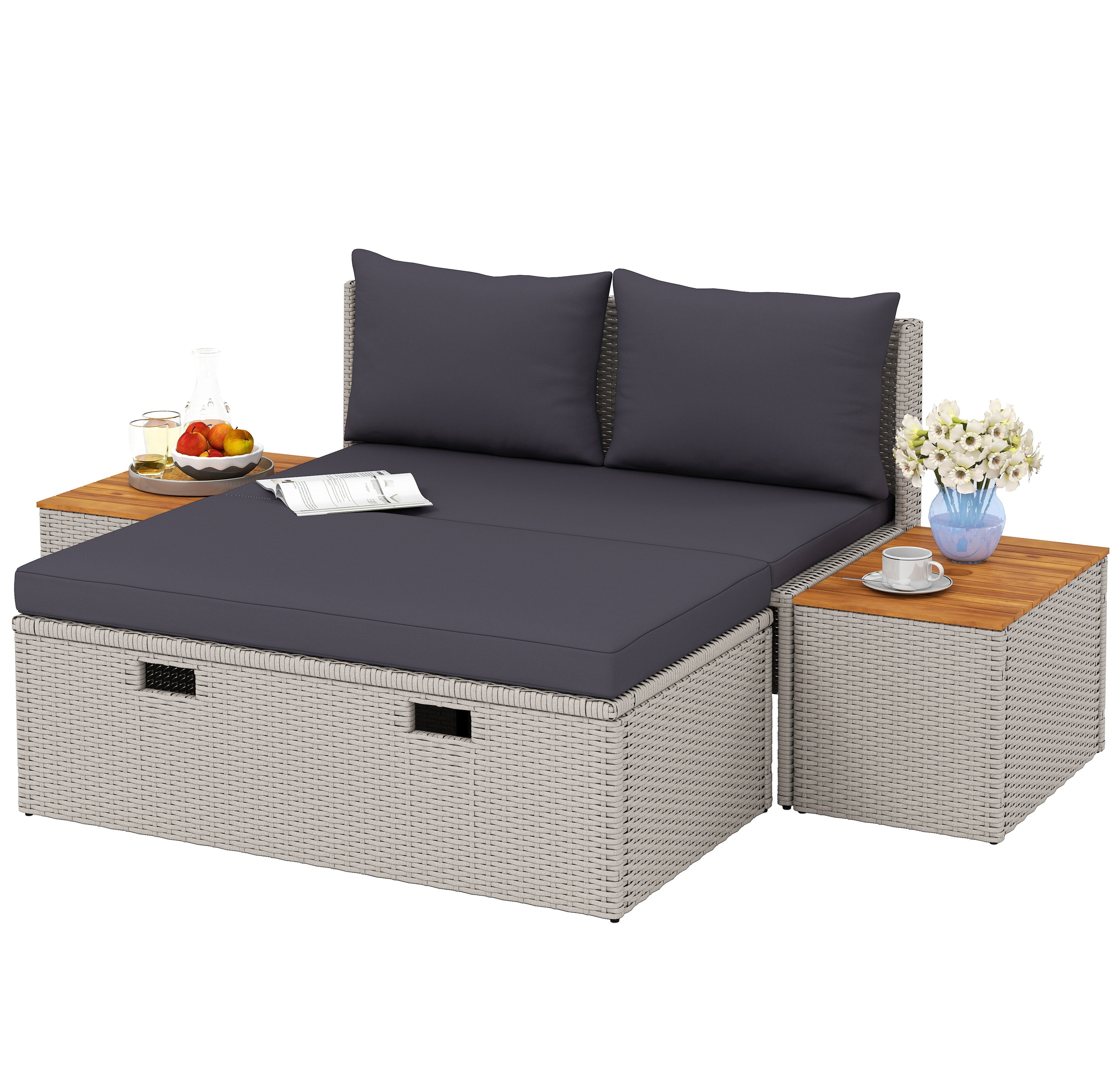 Polyrattan liggestol til 2 personer dobbelt liggestol med fodskammel opbevaringshynder 125x114x72,5 cm grå