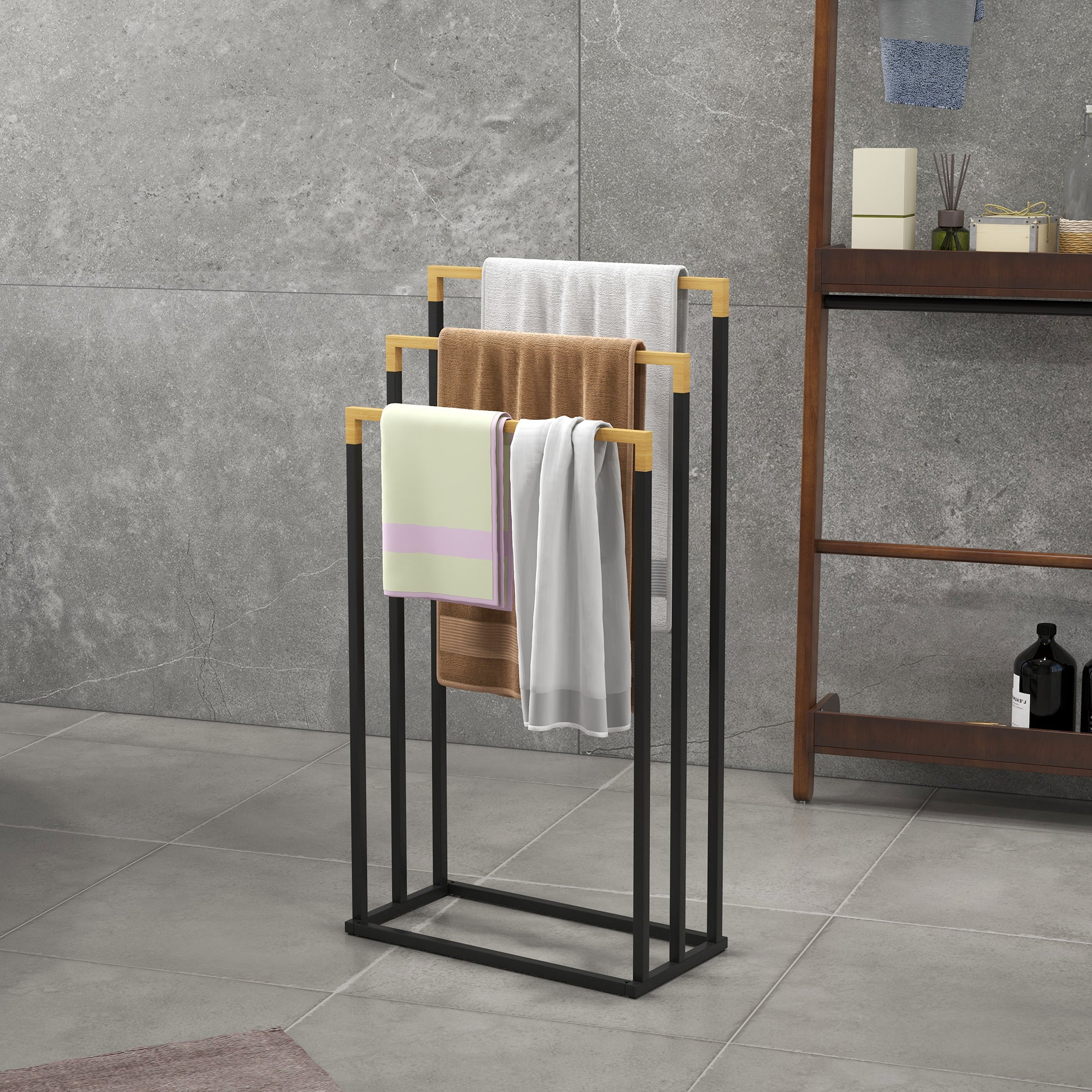Håndklædeholder med 3 håndklædestænger, industrielt design, bambus, 45 x 22,5 x 86 cm, sort + naturfarvet
