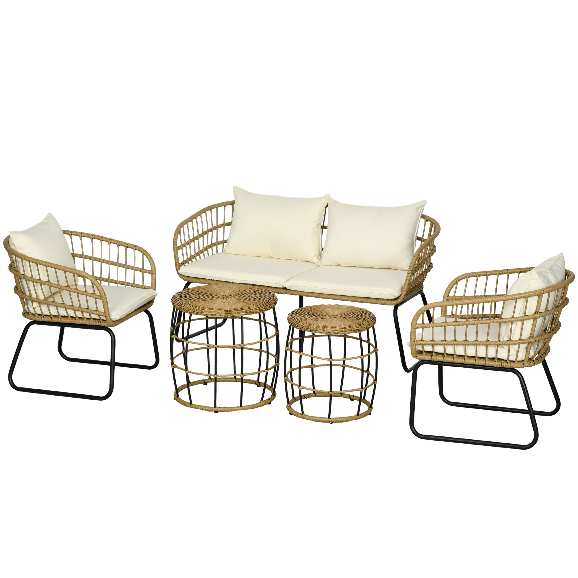 Rattan loungesæt udendørs siddegruppe, boho stil, 5-delt sæt, 145 x 70 x 78 cm, creme + natur + sort