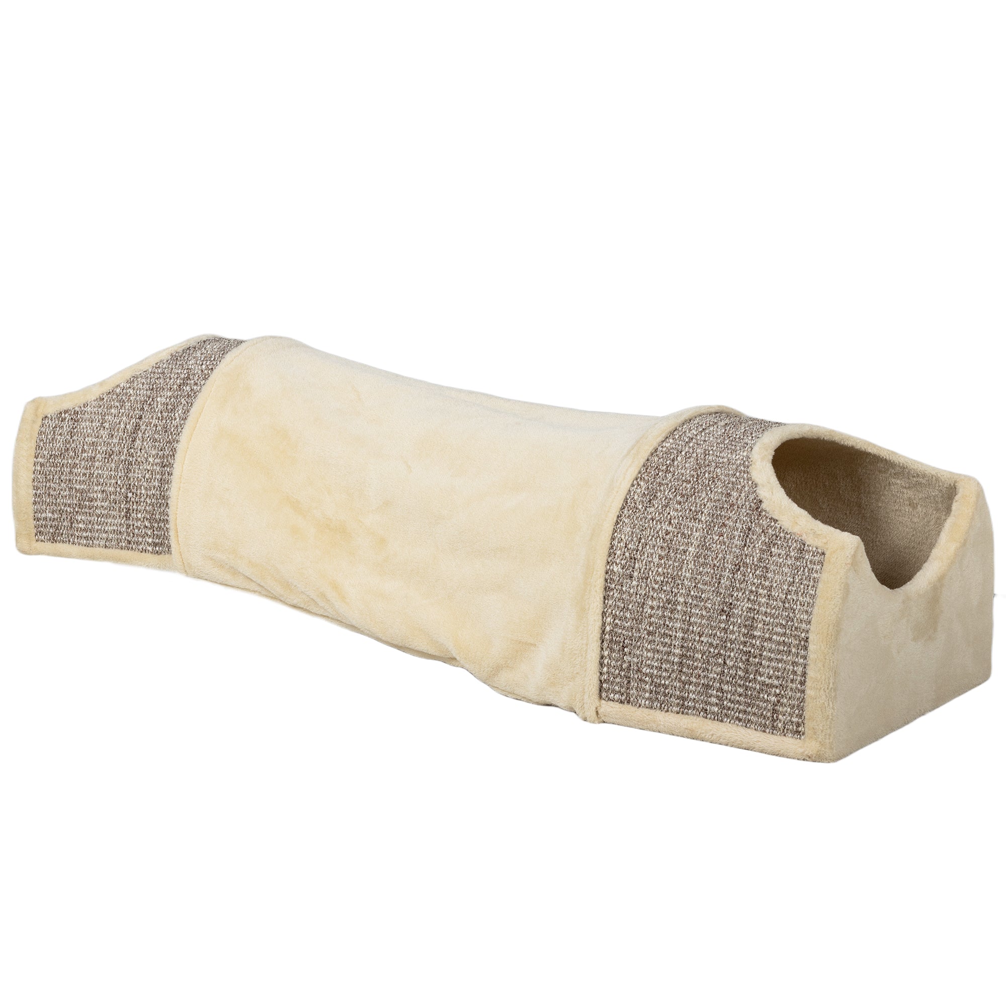 Kattetunnel med 3 åbninger, plys, sisal kradsereb, 107 x 38 x 29 cm, beige/grå