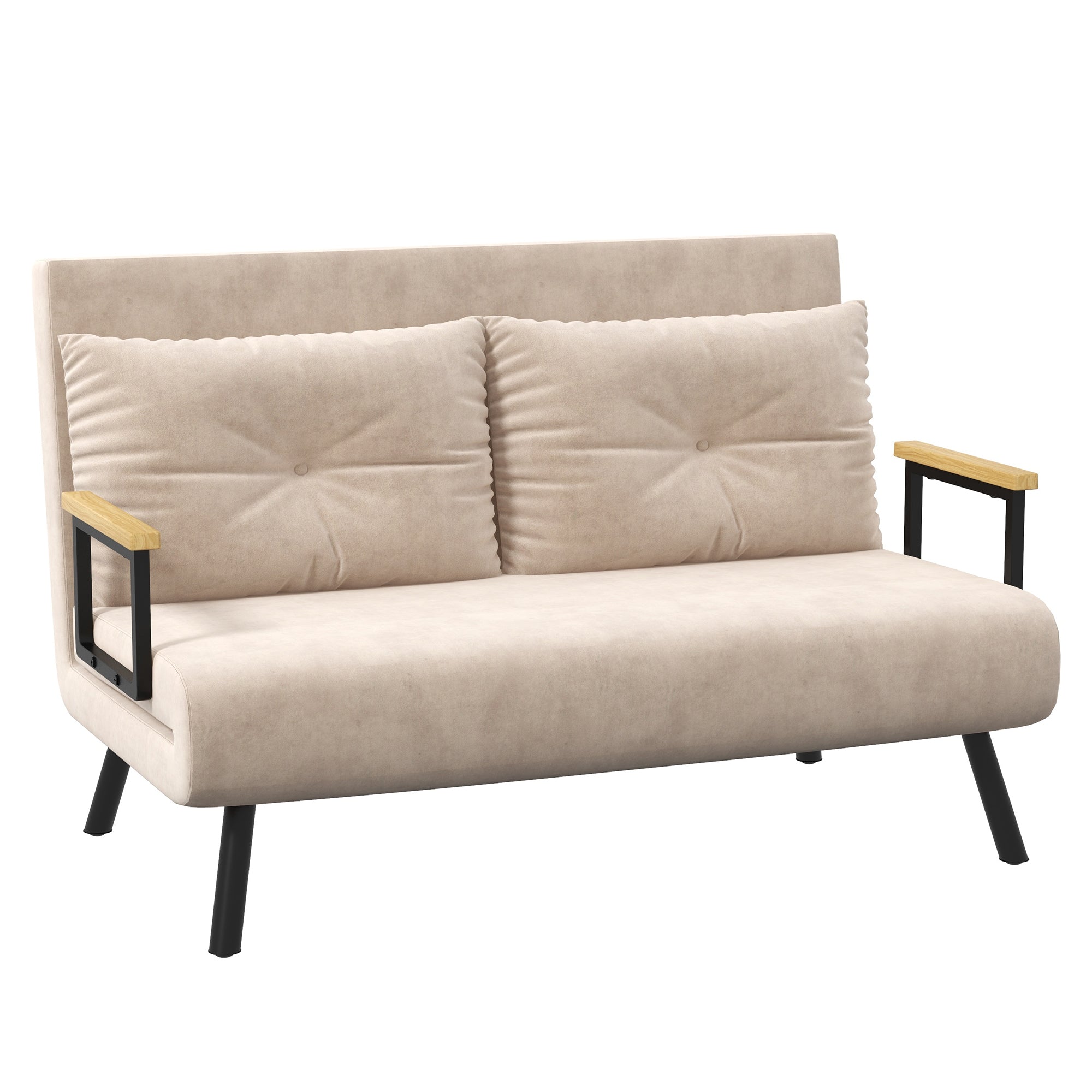 2-Personers sovesofa, fløjlsofa, sovefunktion, inklusive 2 puder, fløjlslook, naturlig + beige + sort