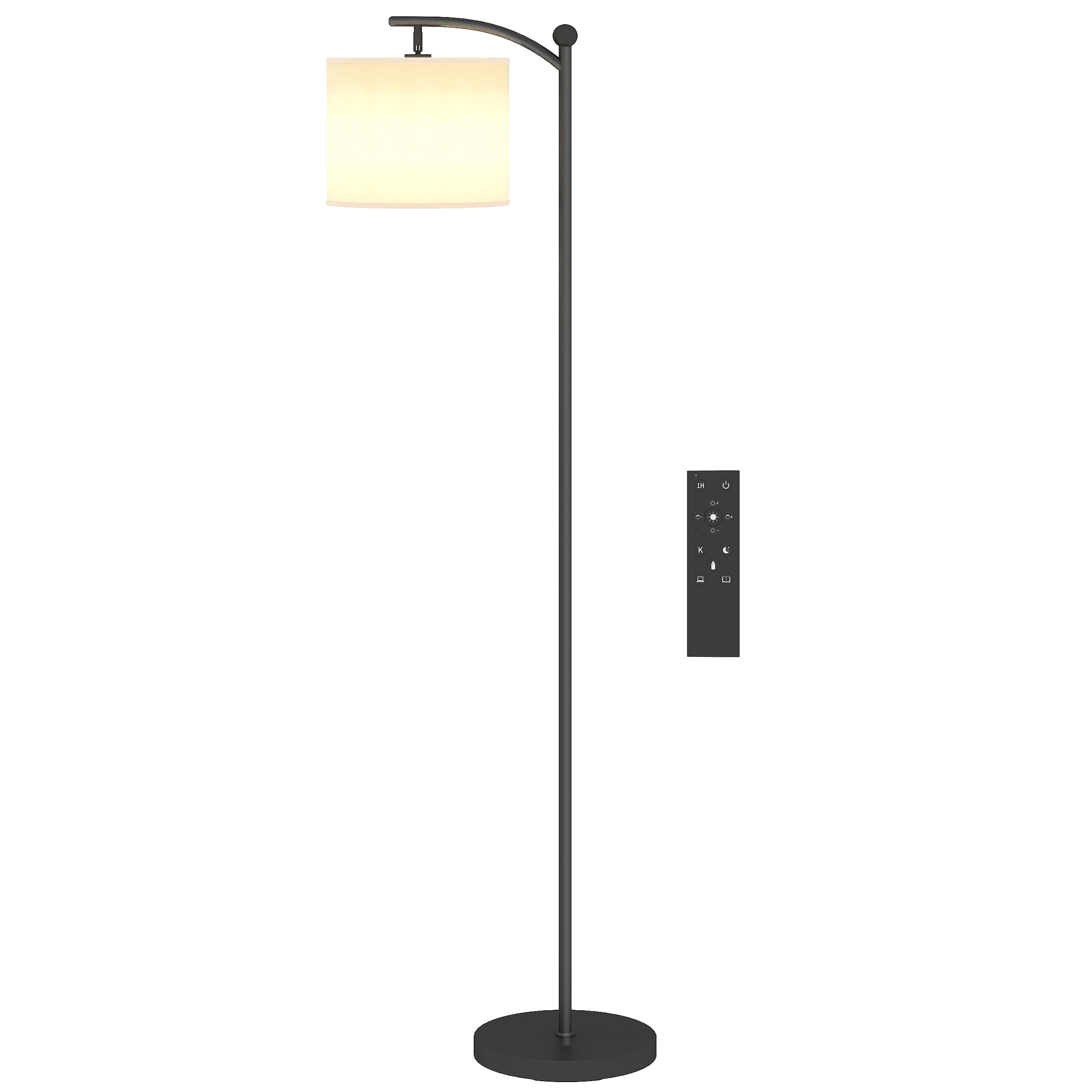 Gulvlampe, justerbare lysindstillinger, fodkontakt, fjernbetjening, metal, sort