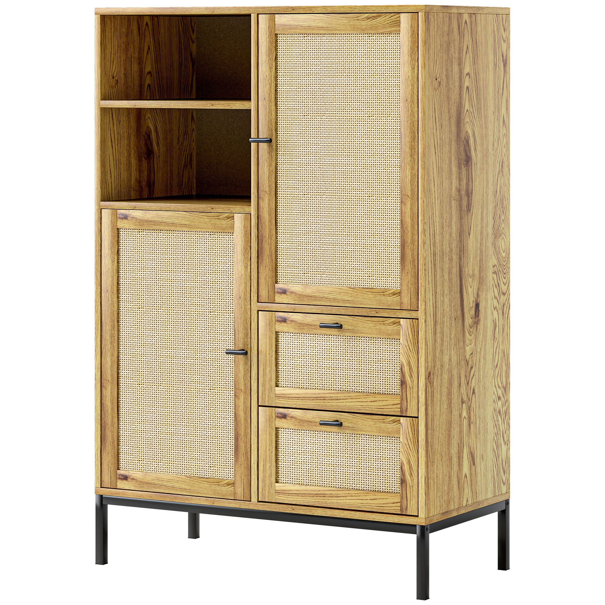 Opbevaringsskab, fleksibel kommode med rottingdøre, skuffer og justerbare hylder, 80b x 40d x 120h cm
