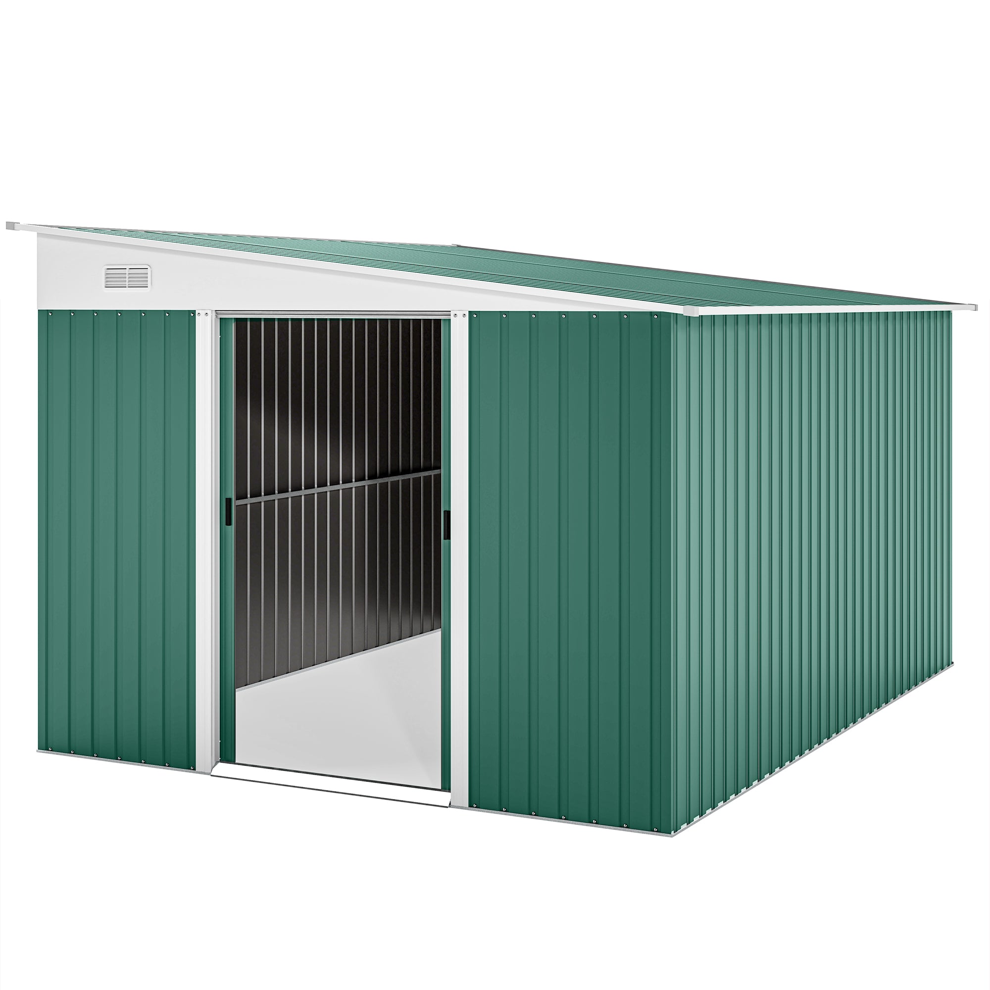 Metalværktøjsskur med skråtag, aflåselig dobbeltdør, 2,8 x 3,45 x 2,01 m, grøn