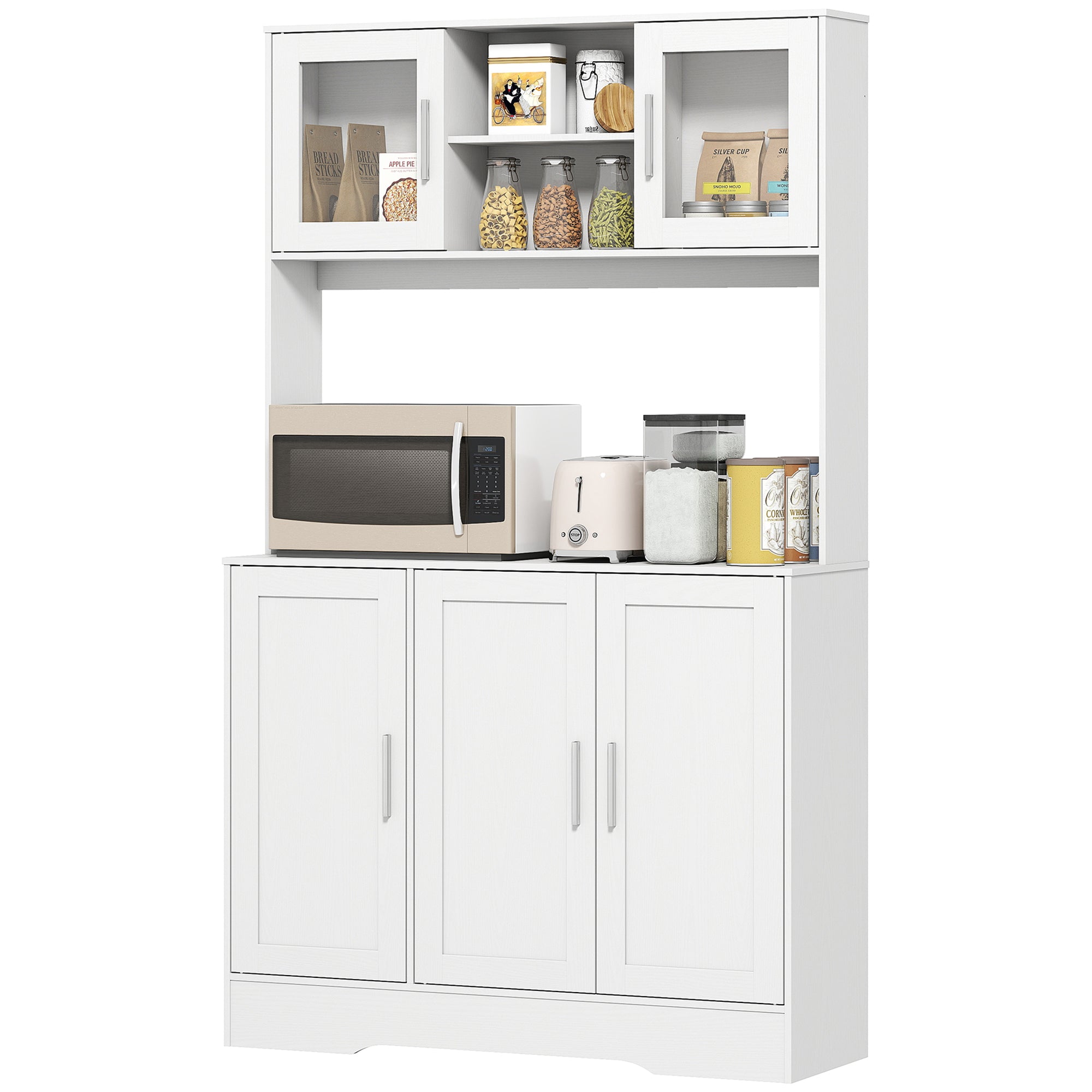 Køkkenskab, skandinavisk design, 4 skabe, justerbare hylder, glaslåger, åben plads, spånplade, mdf, hvid