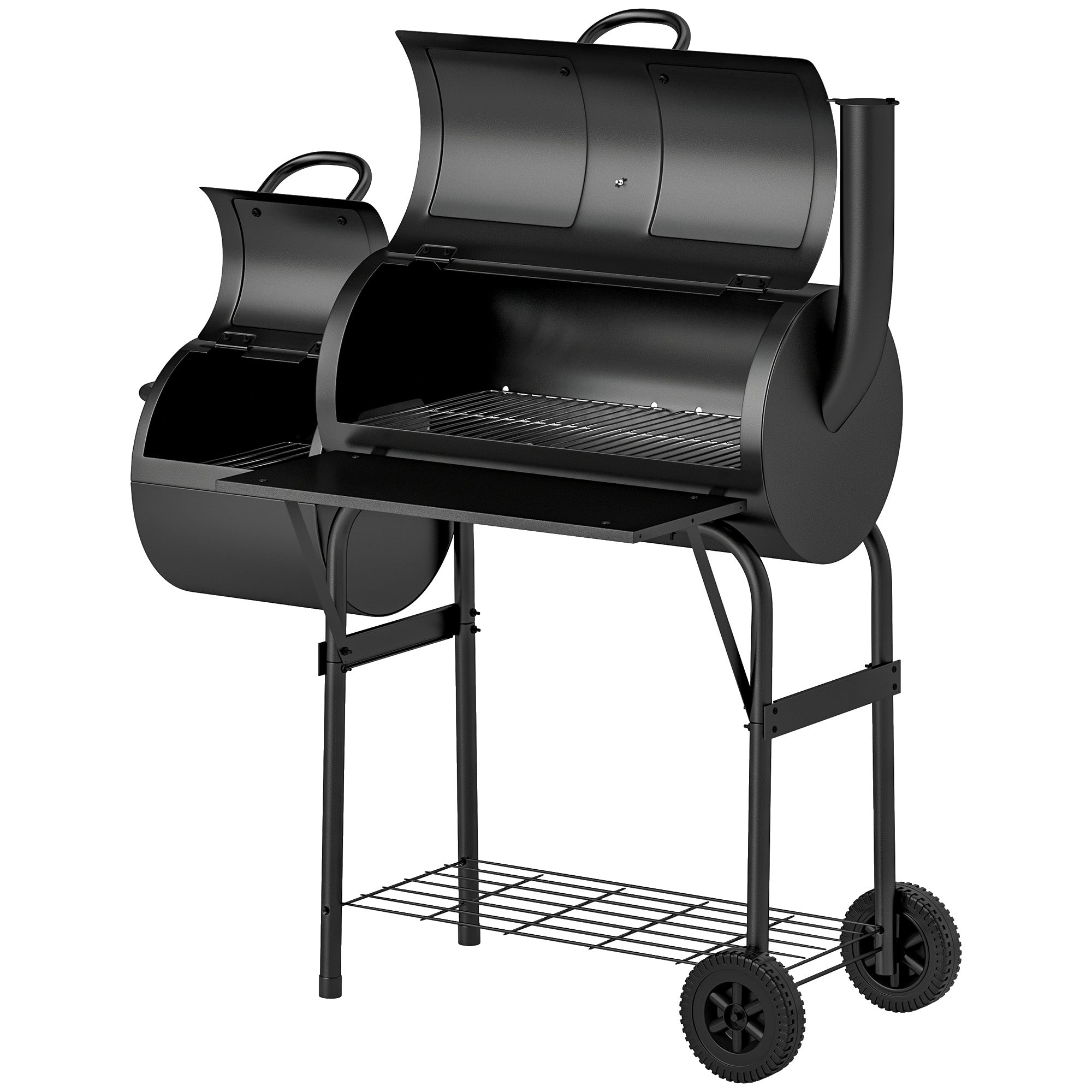 Kulgrill af stål bbq-ryger med låg, termometer, hjul, lufttilførsel og kulbakke