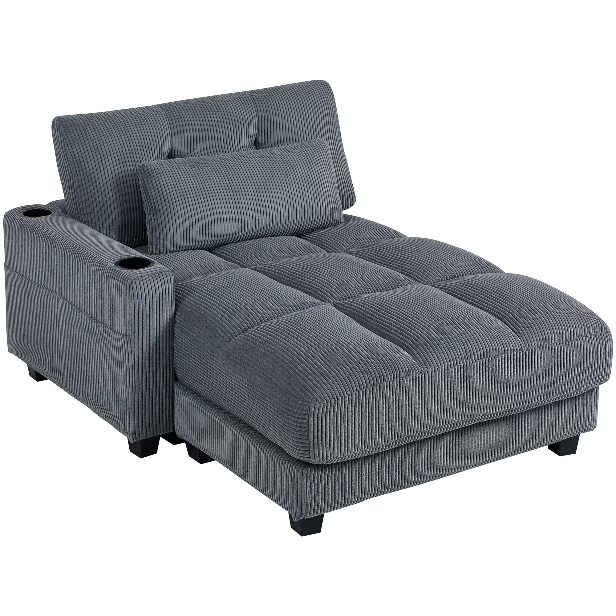 Sovesofa med hynder, skum, kan laves om til en seng, kopholder, grå