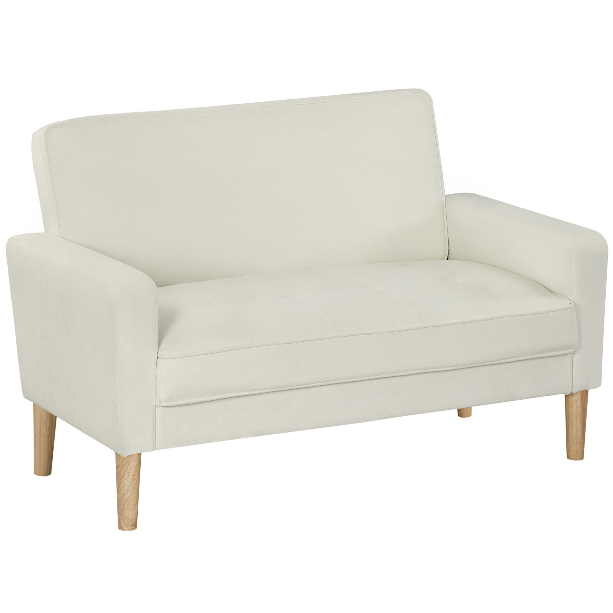 2-personers sofa, dobbeltsofa med gummiben i træ, polstret sofa til stue, soveværelse, cremehvid