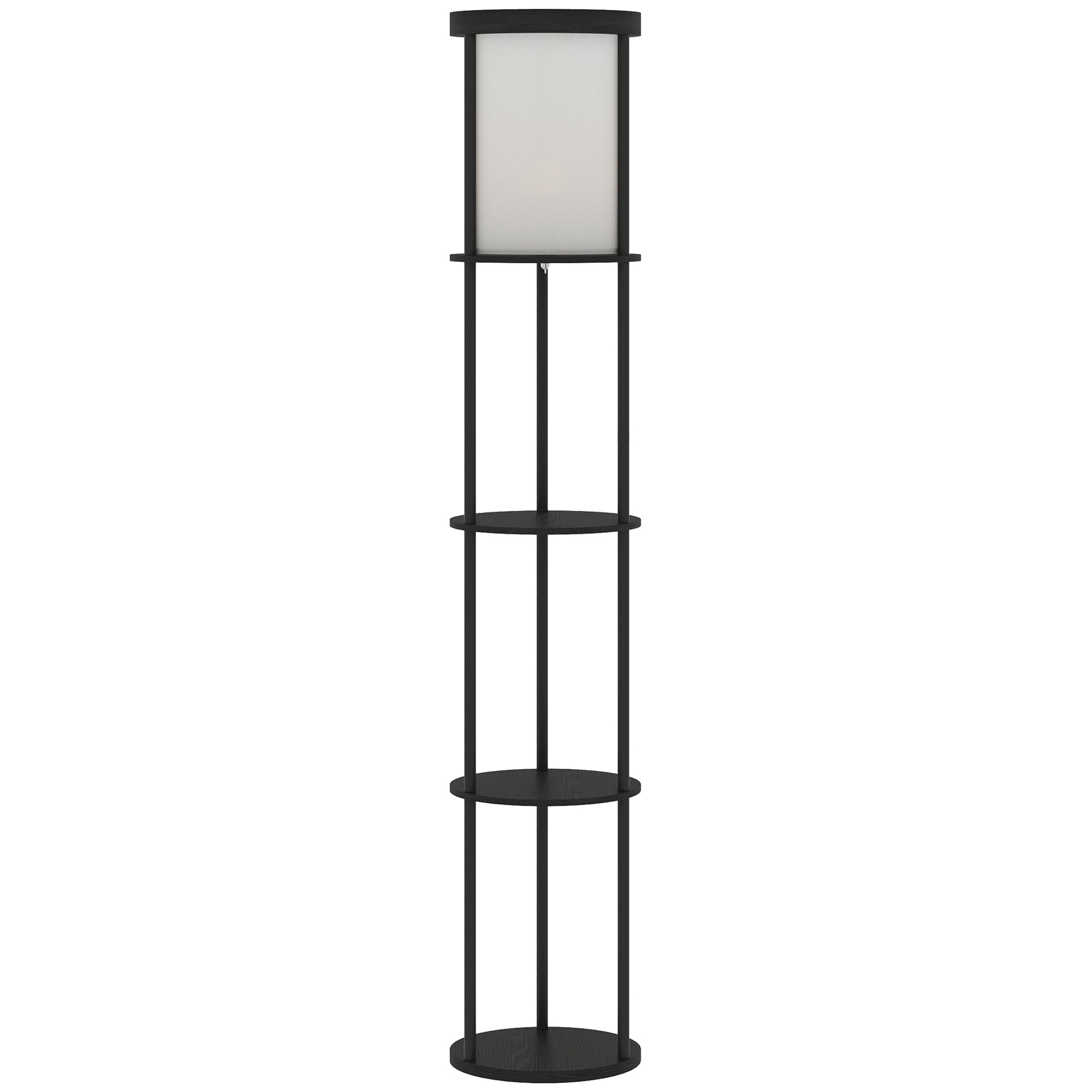 Gulvlampe med 3 hylder, rundt design, fjernbetjening, fodkontakt, justerbar lysvarme, til stue, sort