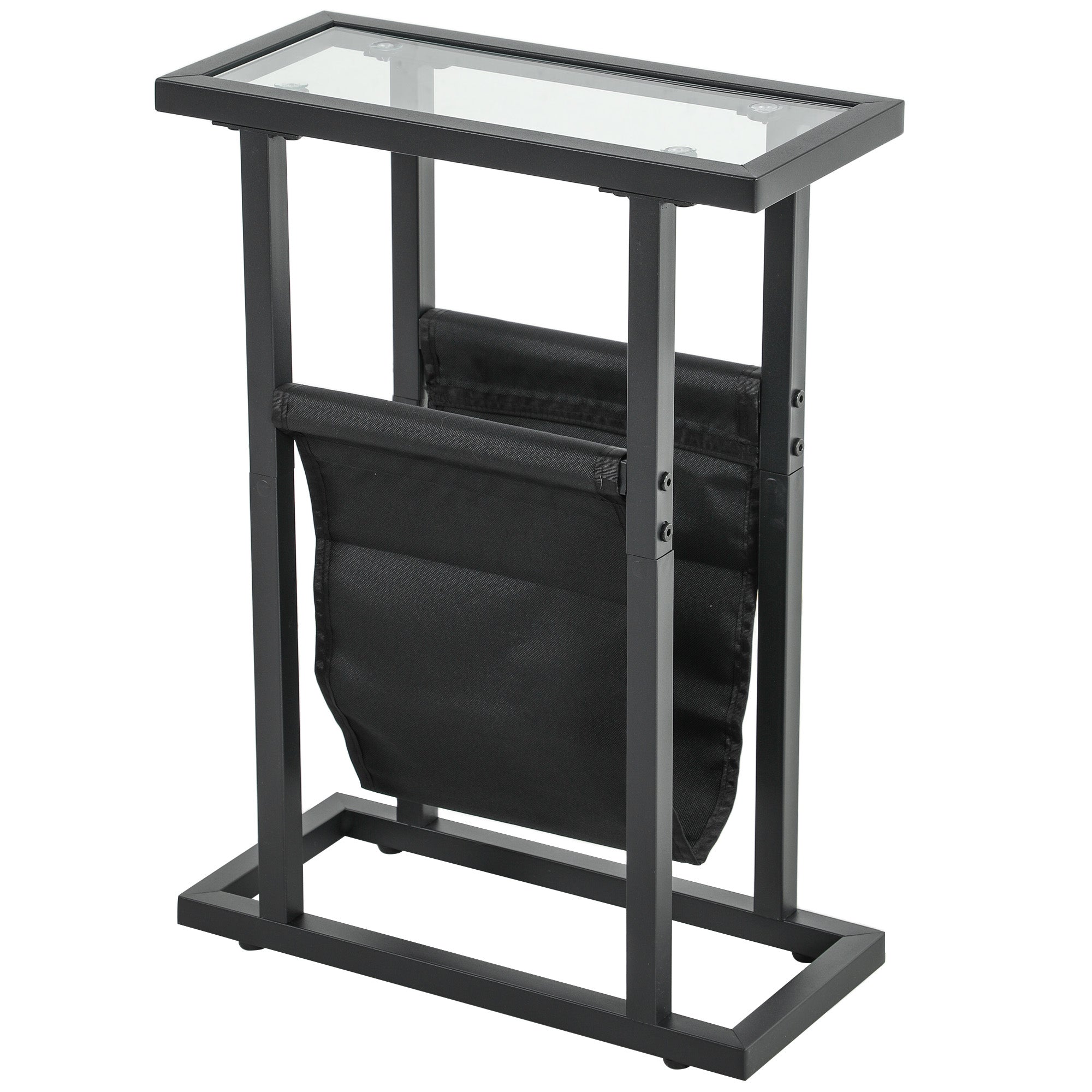 Metal sidebord med stofpose og glasplade, smalt bord til stue, soveværelse, sort