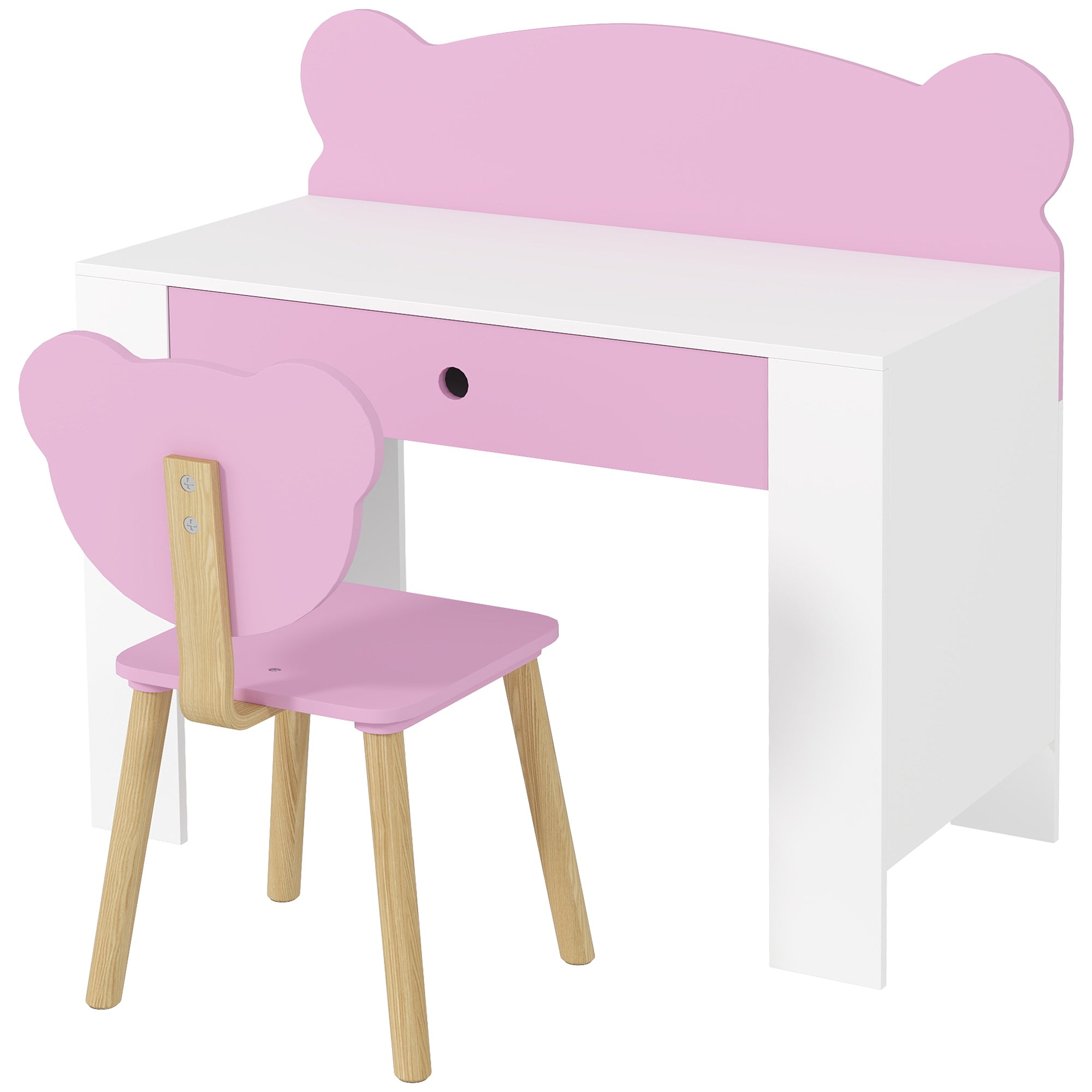 Børne skrivebordssæt, bjørneformet skrivebord og stol med skuffe, til skrivning og kreativitet, alder 3-8, pink