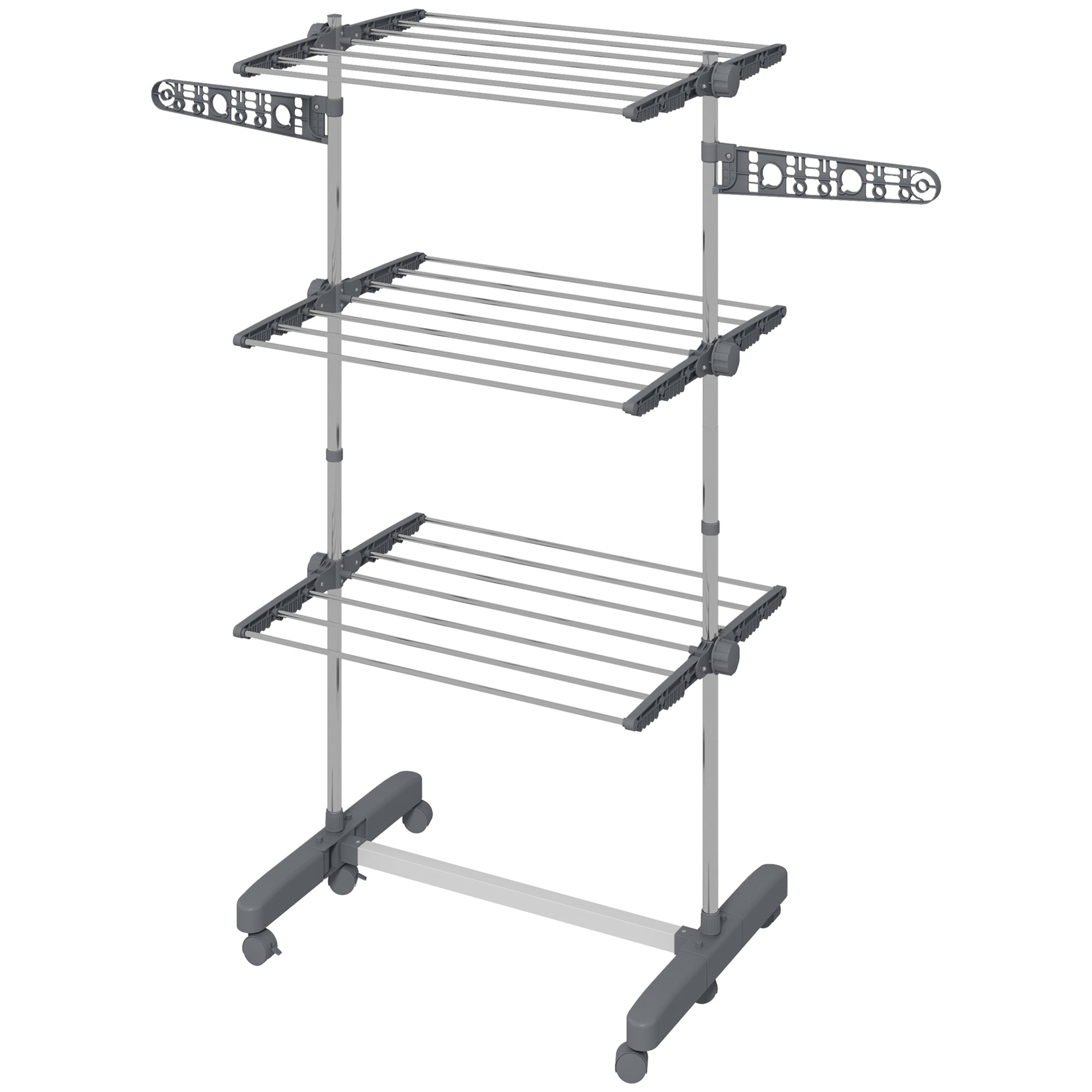 Tørrestativ. 4 niveauer, foldbar, et-klik-system, 142 cm x 55 cm x 152 cm, blå + sølv