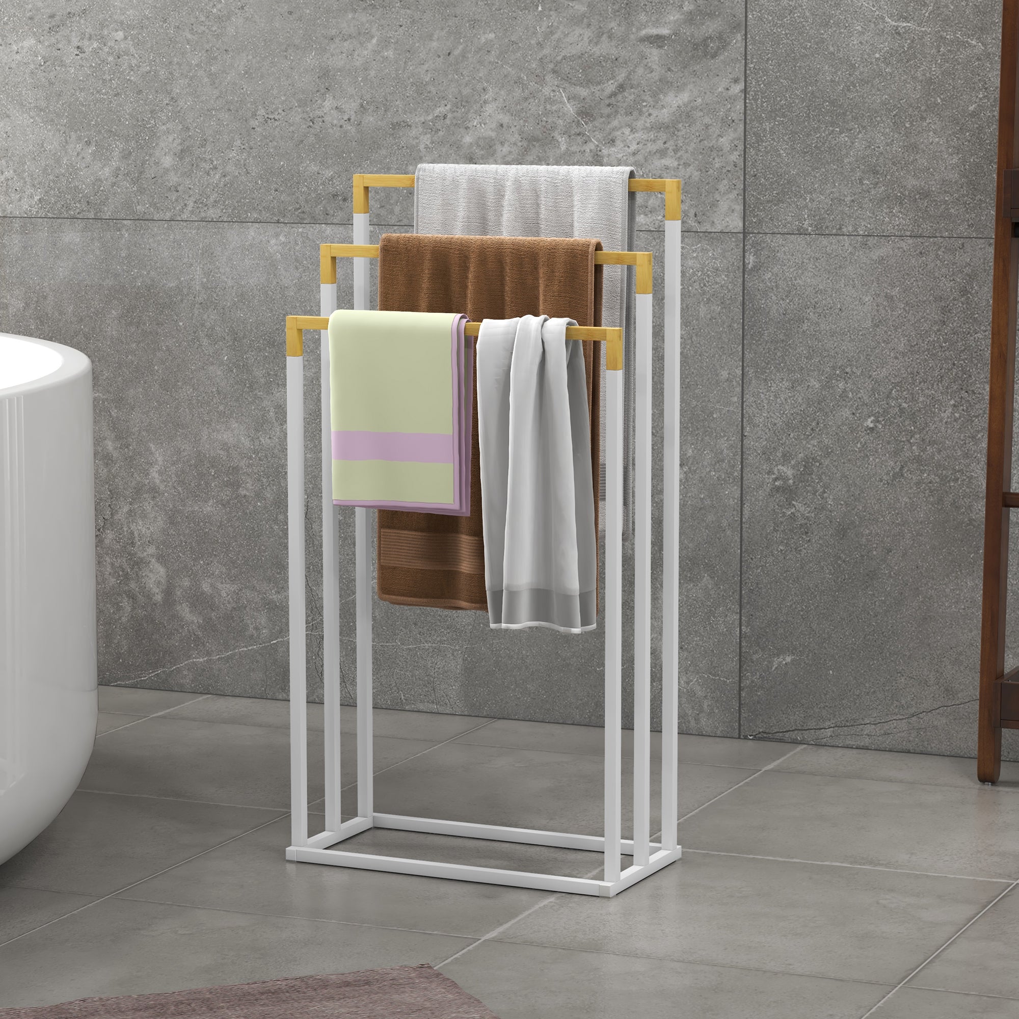 Håndklædeholdersæt med 3 håndklædestænger, industrielt design, bambus, 45 x 22,5 x 86 cm, hvid + naturfarvet