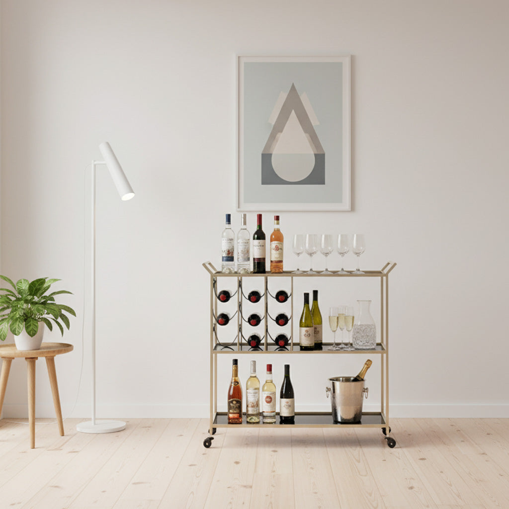 Glam rullevogn med guldfarve, metal, glas og pu  -  79x39x5 cm