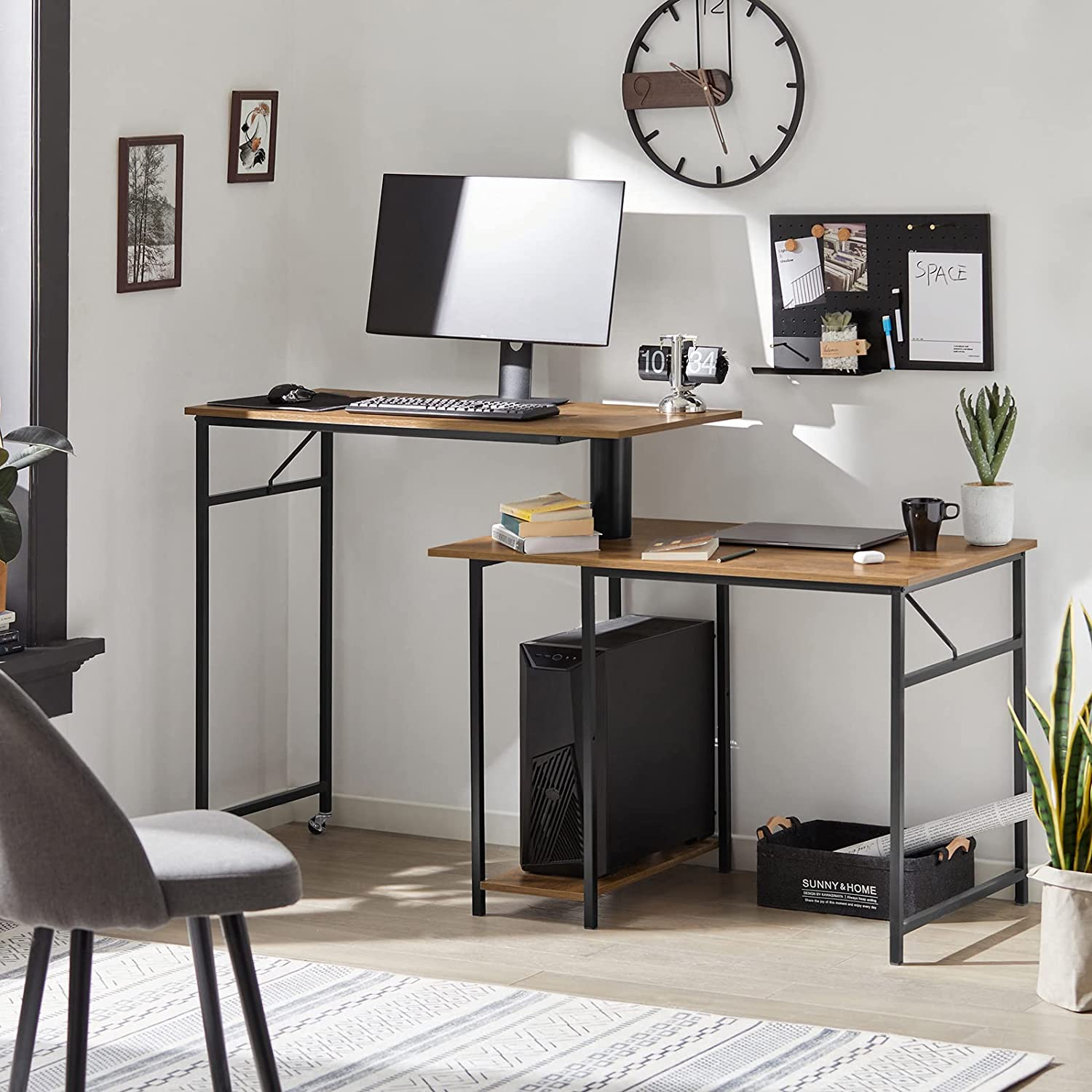 Smart, fleksibelt skrivebord med 2 bordplader og hylder, brun
