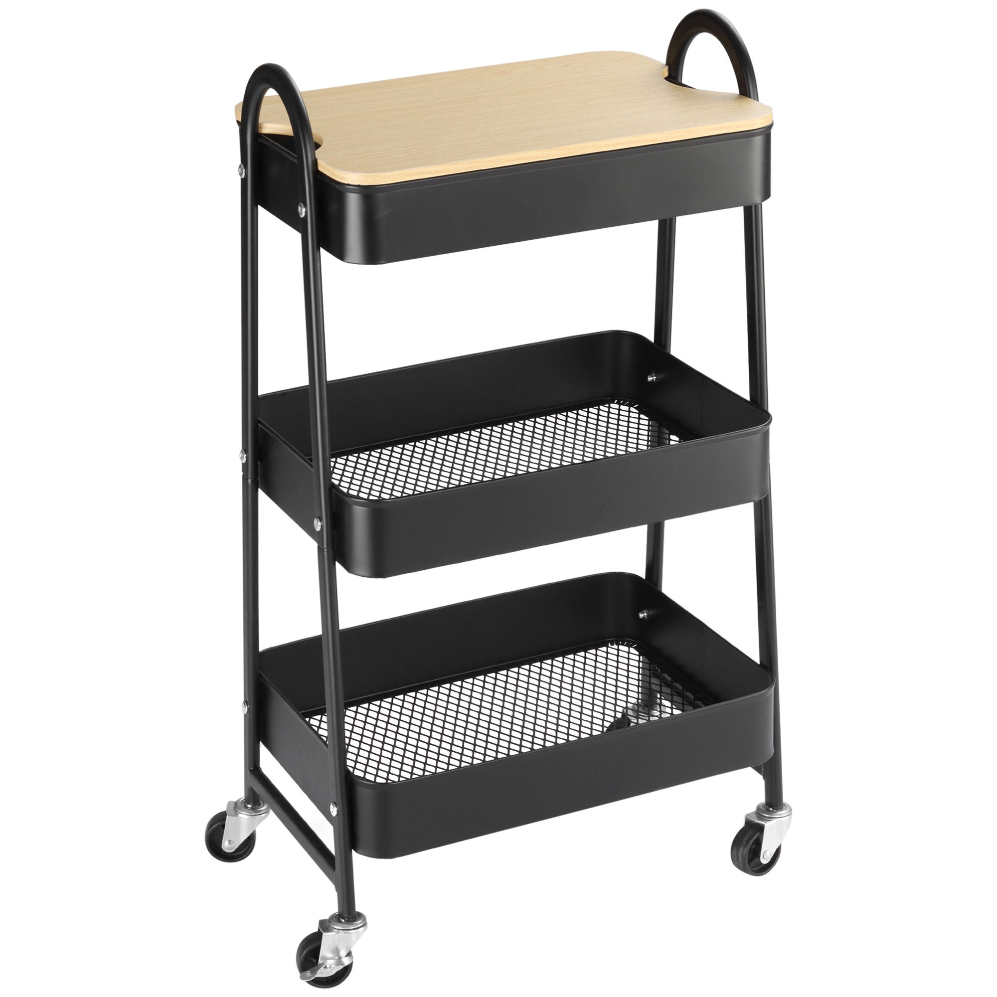 Trolley, serveringsvogn med 3 kurvehylder, metal, plastik, sort