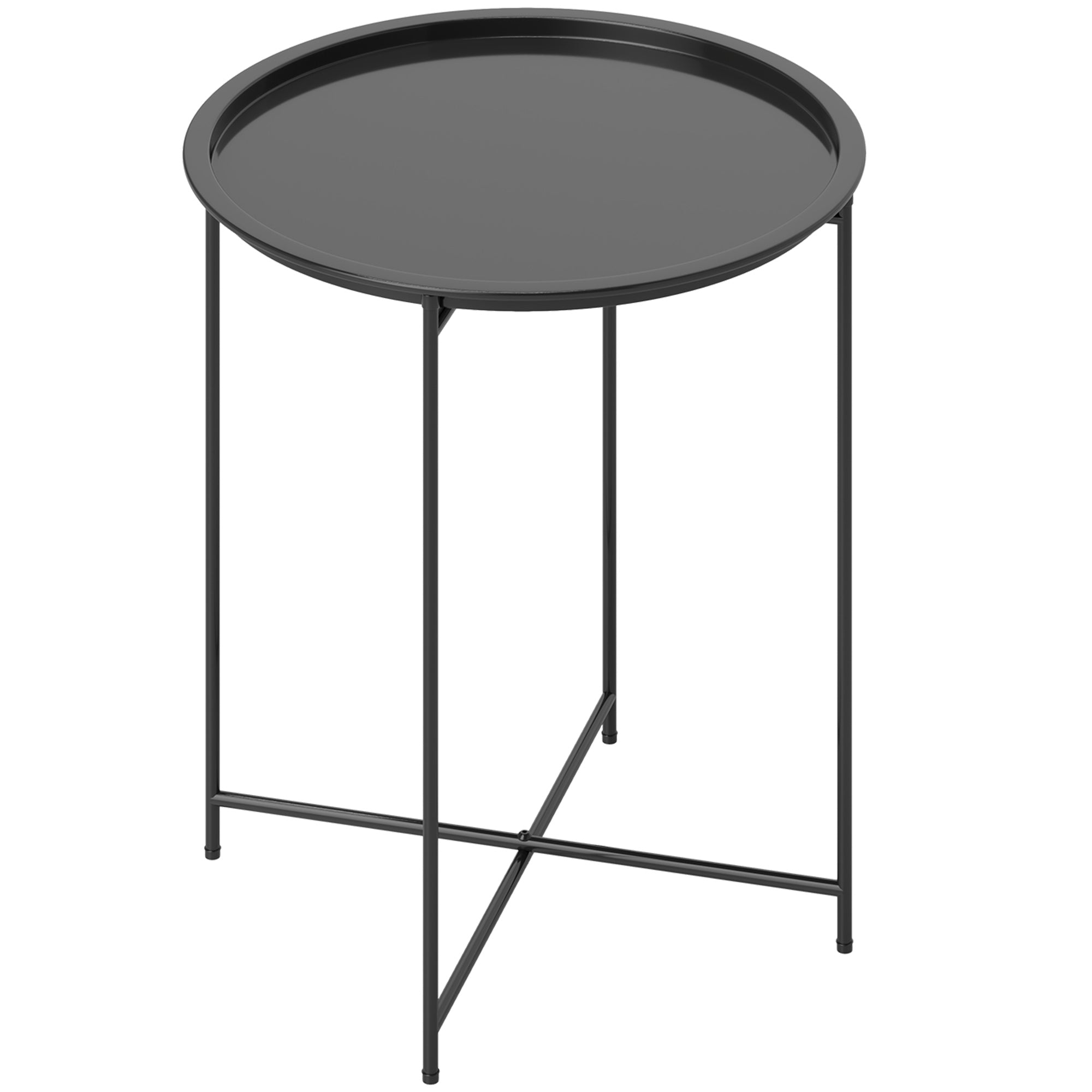 Havebord, rundt udendørs sidebord i stål med aftagelig bakke, foldbart design, havebord, sort