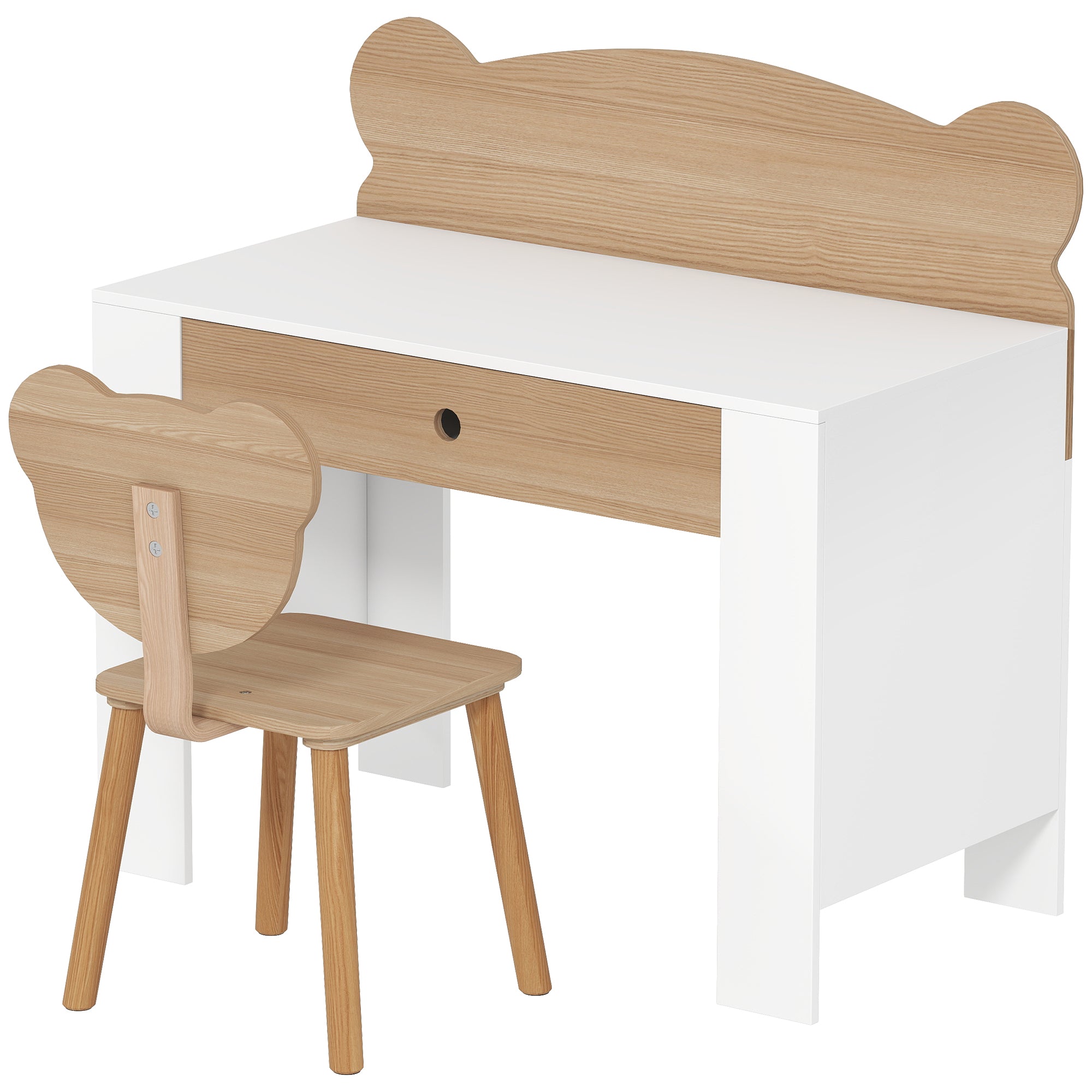 Børne skrivebordssæt, bjørneformet skrivebord og stol med skuffe, til skrivning og kreativitet, alder 3-8, naturtræ