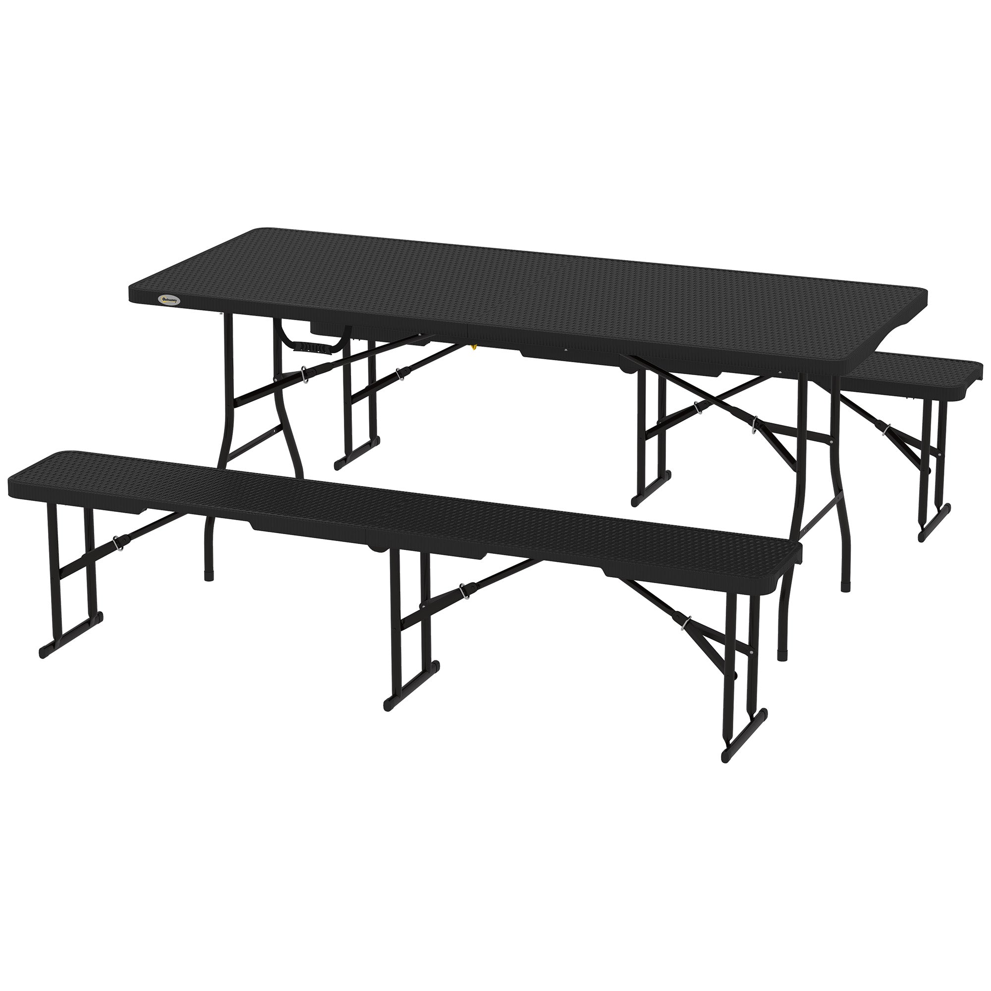 Picnicbord og bænke, 3-delt sæt, foldbart, plastik, metal, sort