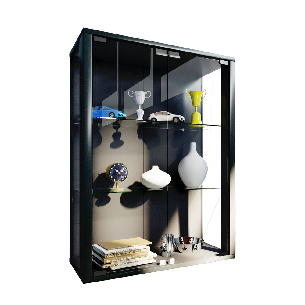 Vægvitrineskab sort  -  80x60x25 cm  -  ESG-sikkerhedsglas med 2 hylder