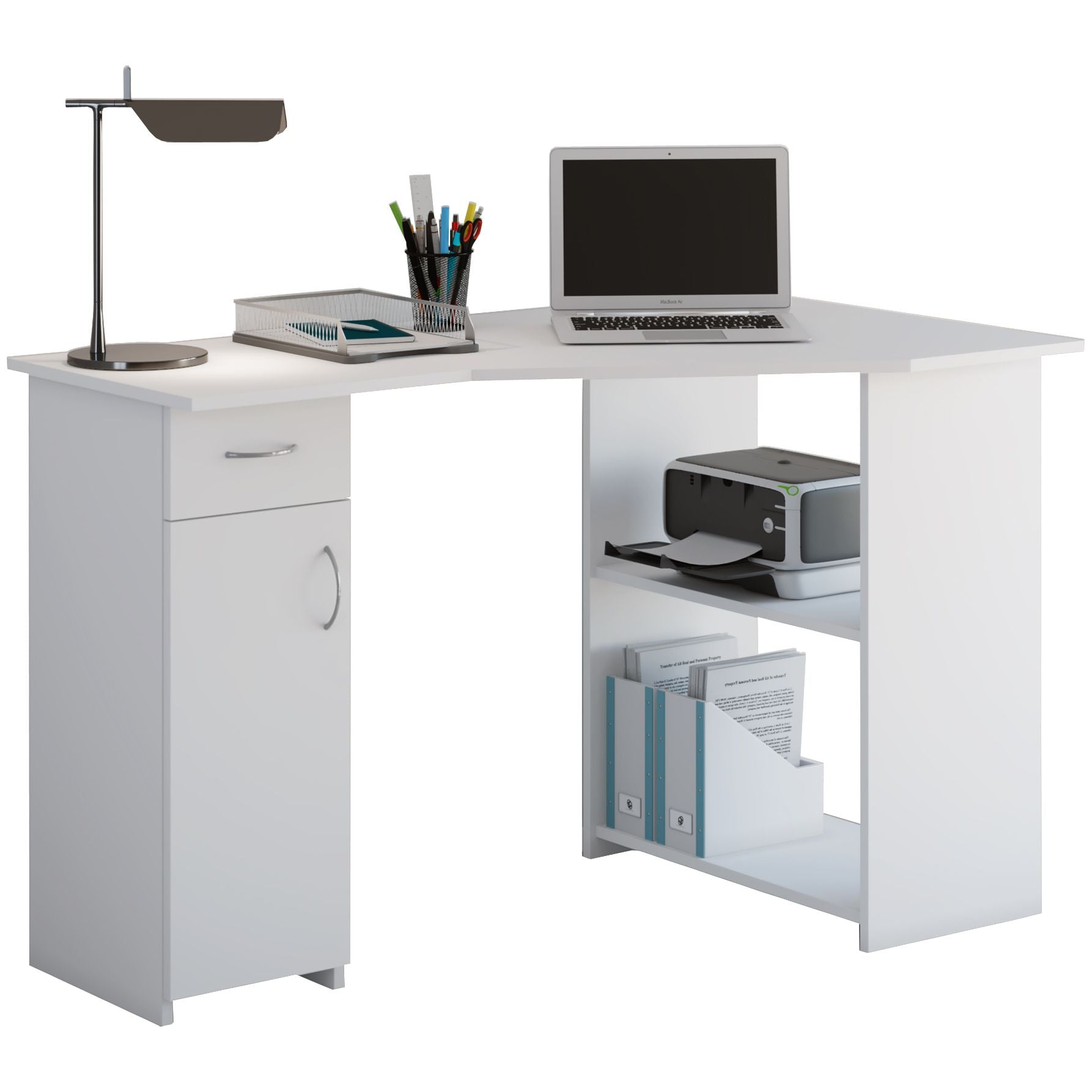 Hjørneskrivebord i tidløst design, 76 x 118 x 77 cm, hvid