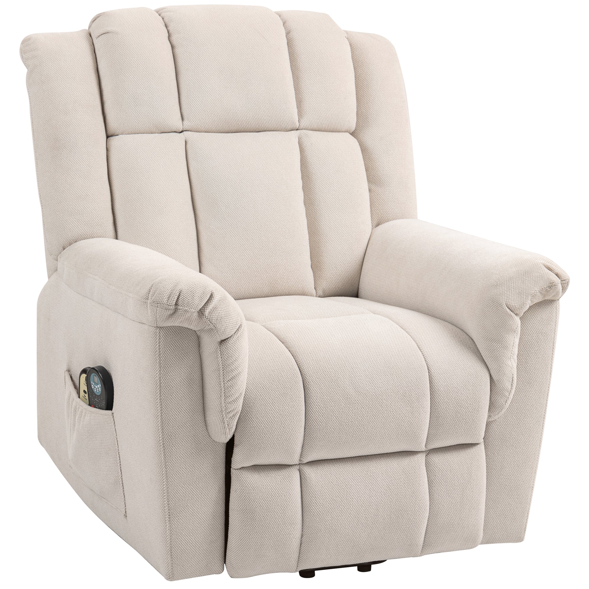 Powerlift-stol, massagestol med varmefunktion, polstret stol med fodstøtte, sidelomme, stofbetræk, beige