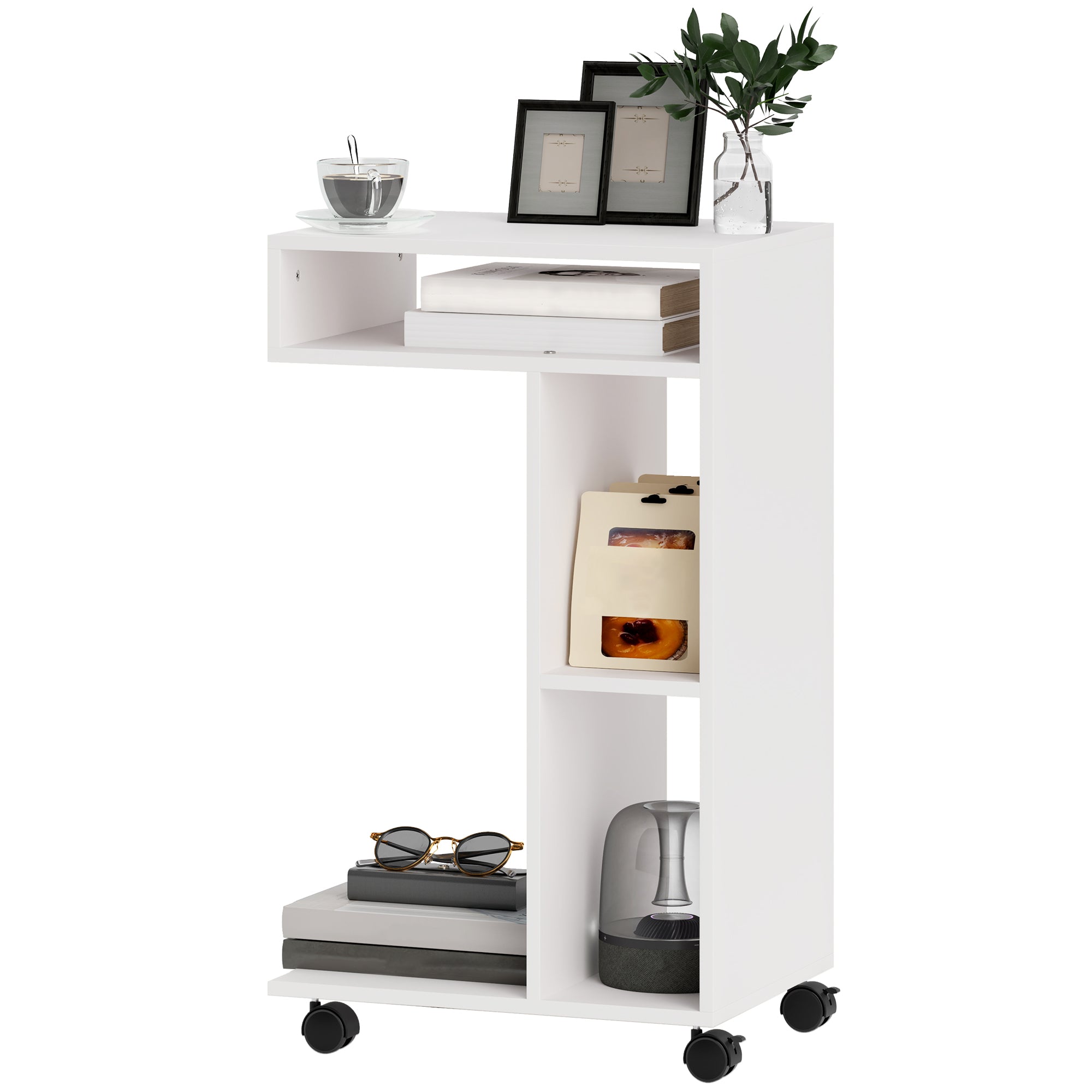 Sidebord, c-formet serveringsvogn, 4 hjul, 3 rum, 40 x 30 x 69 cm, hvid