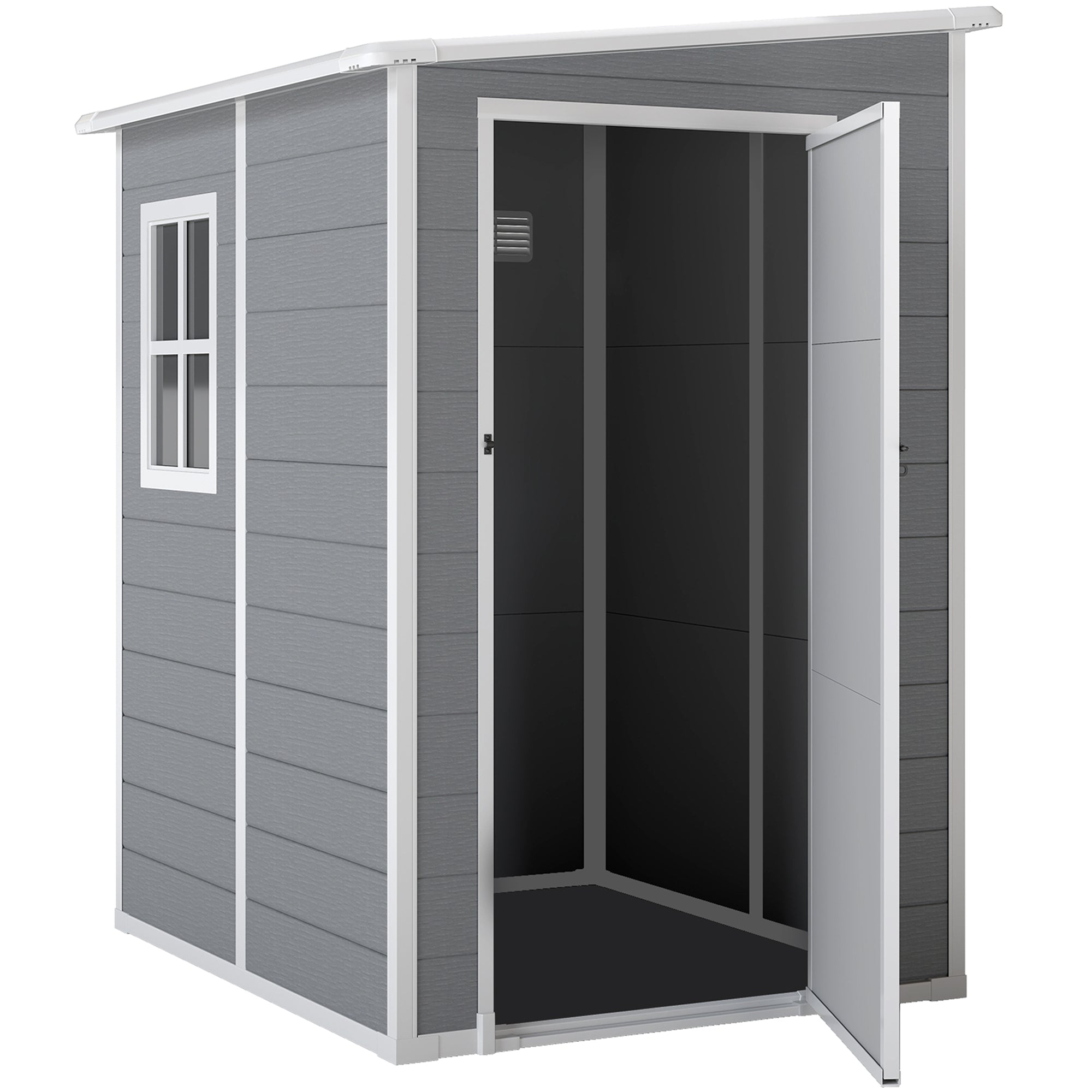 Haveskur, dør med lås, vindue for dagslys og ventilation, aluminium, 122 x 149 x 192/177 cm grå