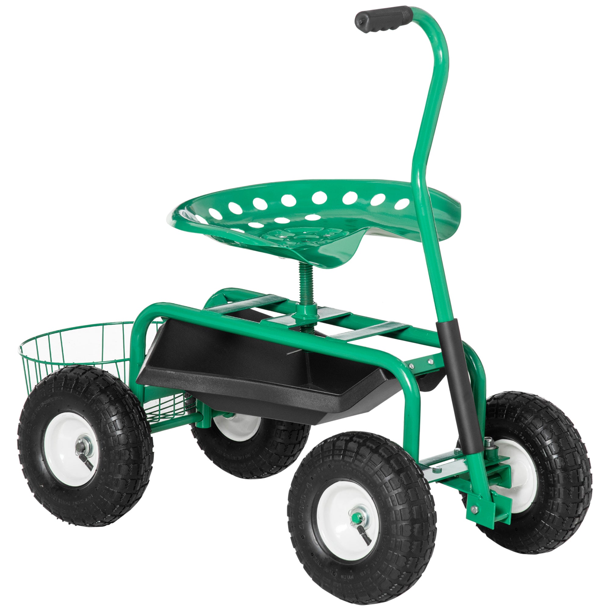 Havevogn med rullesæde (op til 150 kg) med opbevaringskurv til små haveredskaber, mobil værkstedsvogn, styrbart havesæde, sædehøjdejusterbar fra 46-59 cm, metal, gummi, grøn