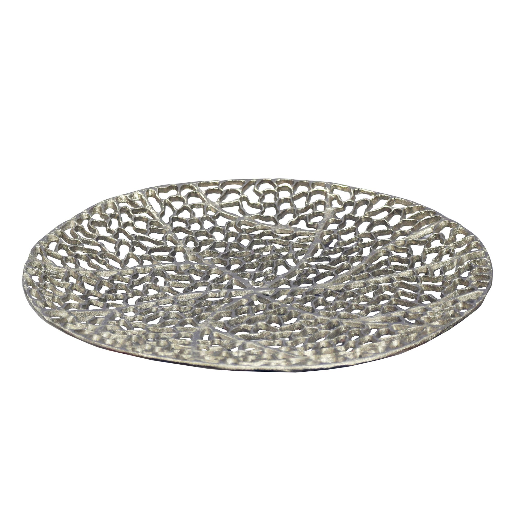 Rund dekorationsskål i aluminium med fod - Ø44 cm -  Sølvfarvet - Håndlavet