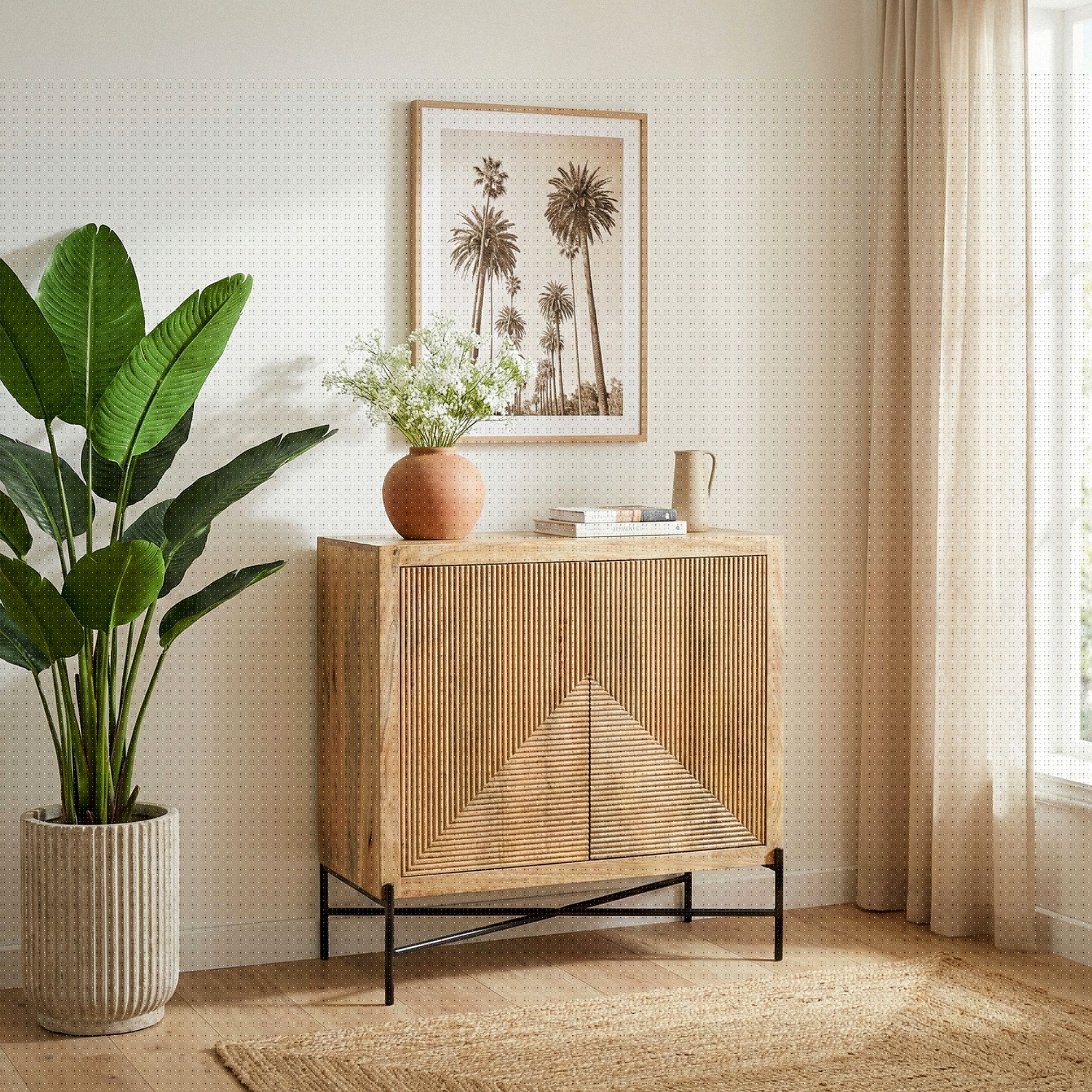 Skænk Mango Massivt Træ 91x96cm - Kommode med 2 Låger - Stueskab med Metalben, håndlavet
