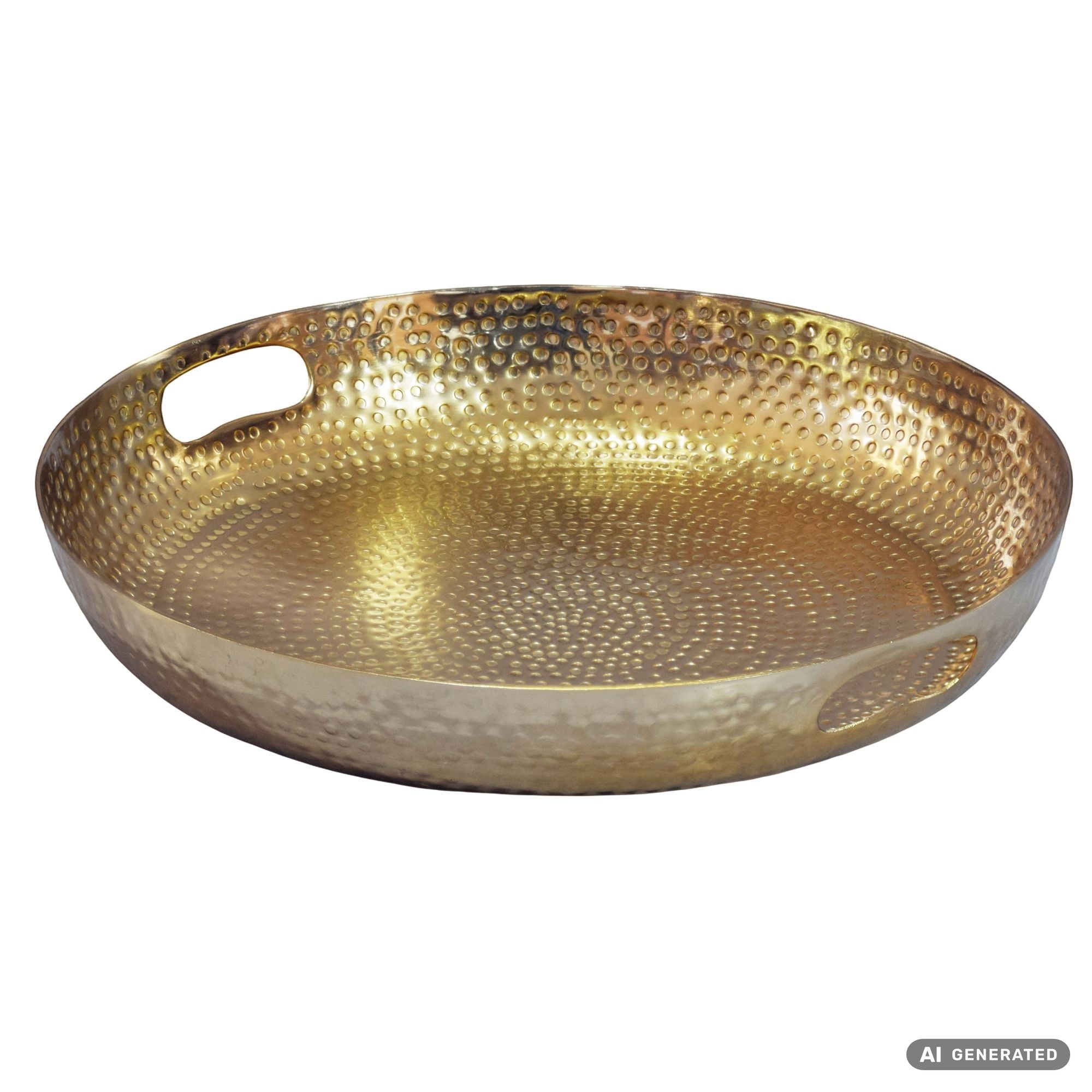 Frugtskål i guldfarvet metal 38 cm  -  rund borddekoration  -  moderne frugtskål med hamret finish i aluminium  -  elegant dekorationsskål med håndtag  -  håndlavet