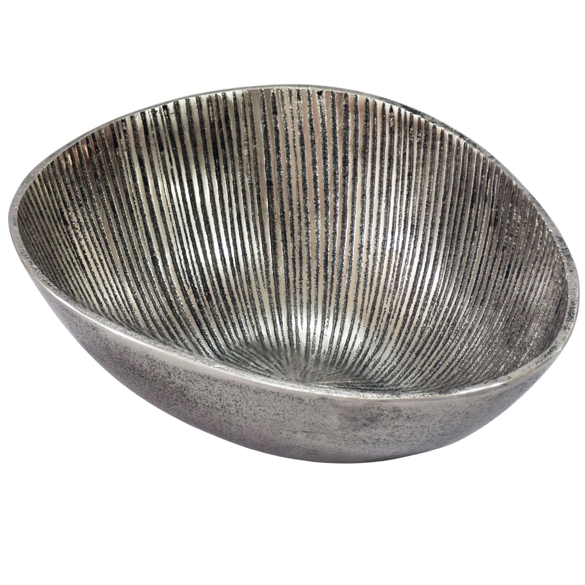 Frugtskål i sølvfarvet metal 30 cm - oval borddekoration - moderne frugtskål med rillet design i aluminium - elegant håndlavet skål