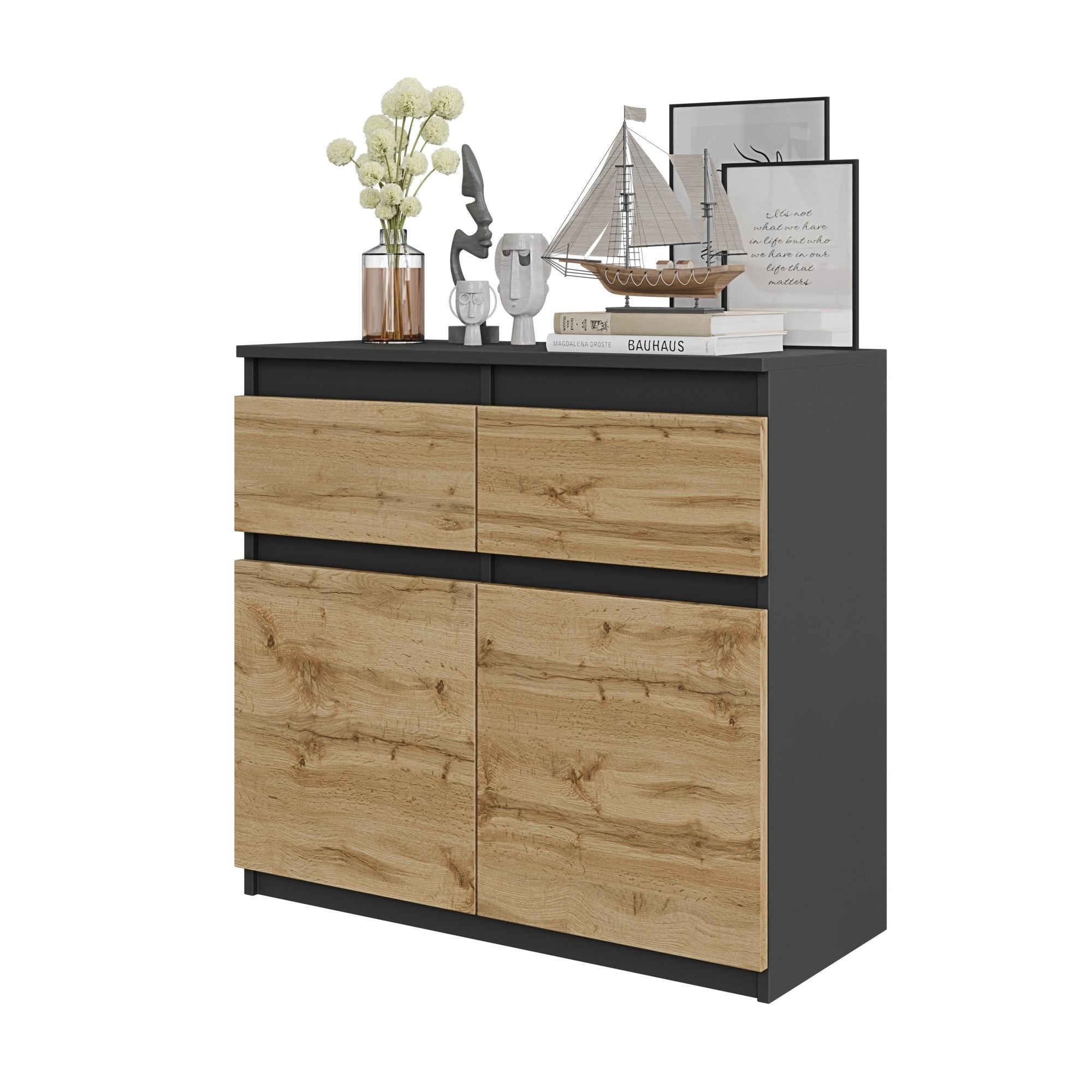 NOAH - Kommode med 2 skuffer - antracit-grå / naturfarvet H75cm B80cm D35cm