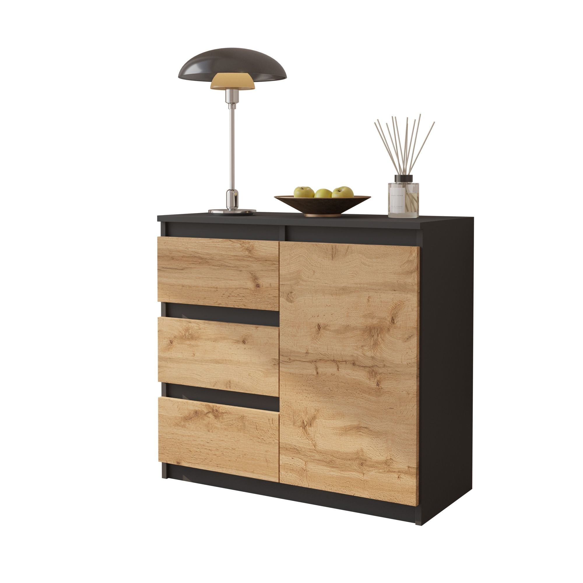 MIKEL - Kommode med 3 skuffer og 1 dør - antracitgrå / naturfarvet, H75cm B80cm D35cm