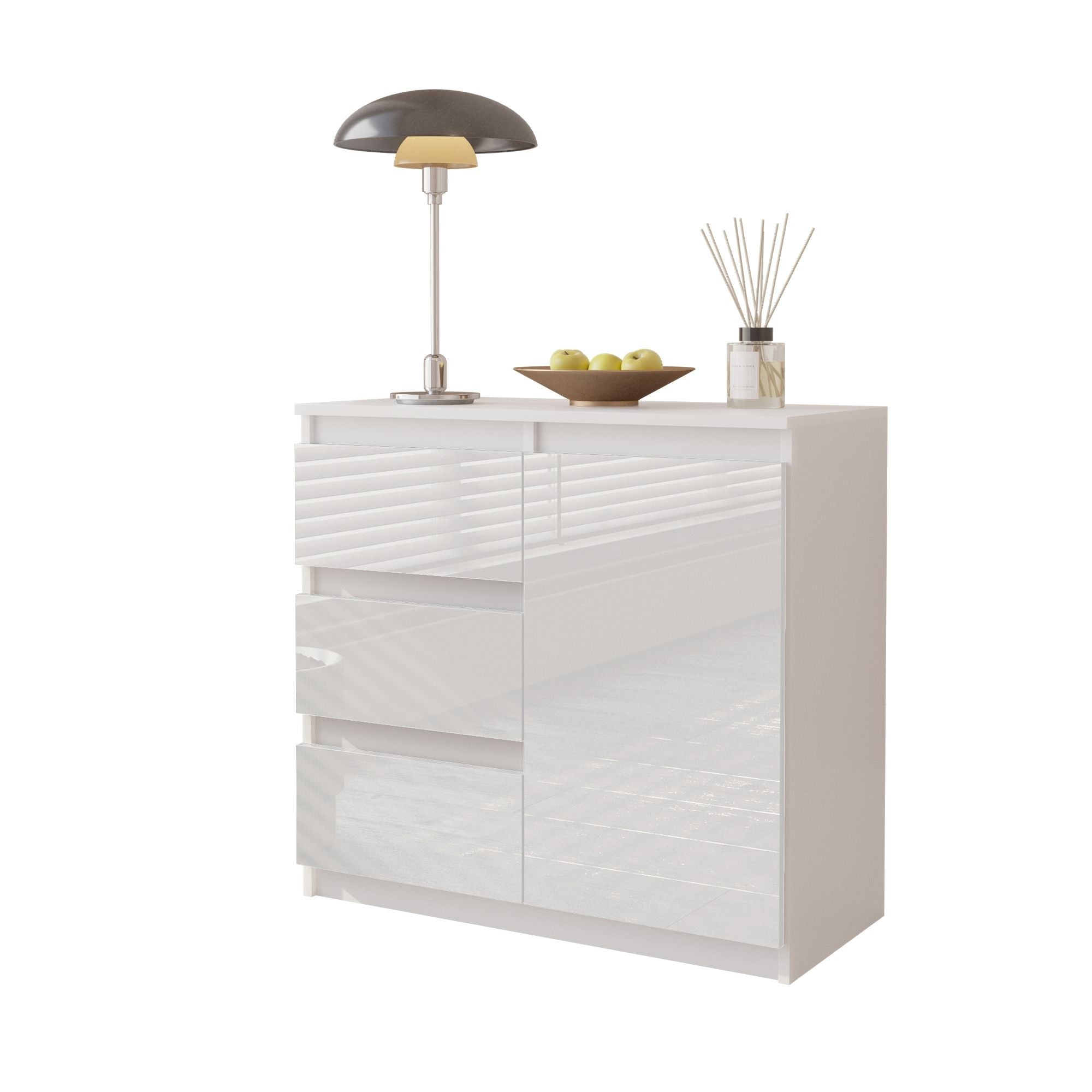 MIKEL - Kommode med 3 skuffer - mat hvid / højglans hvidÂ H75cm B80cm D35cm