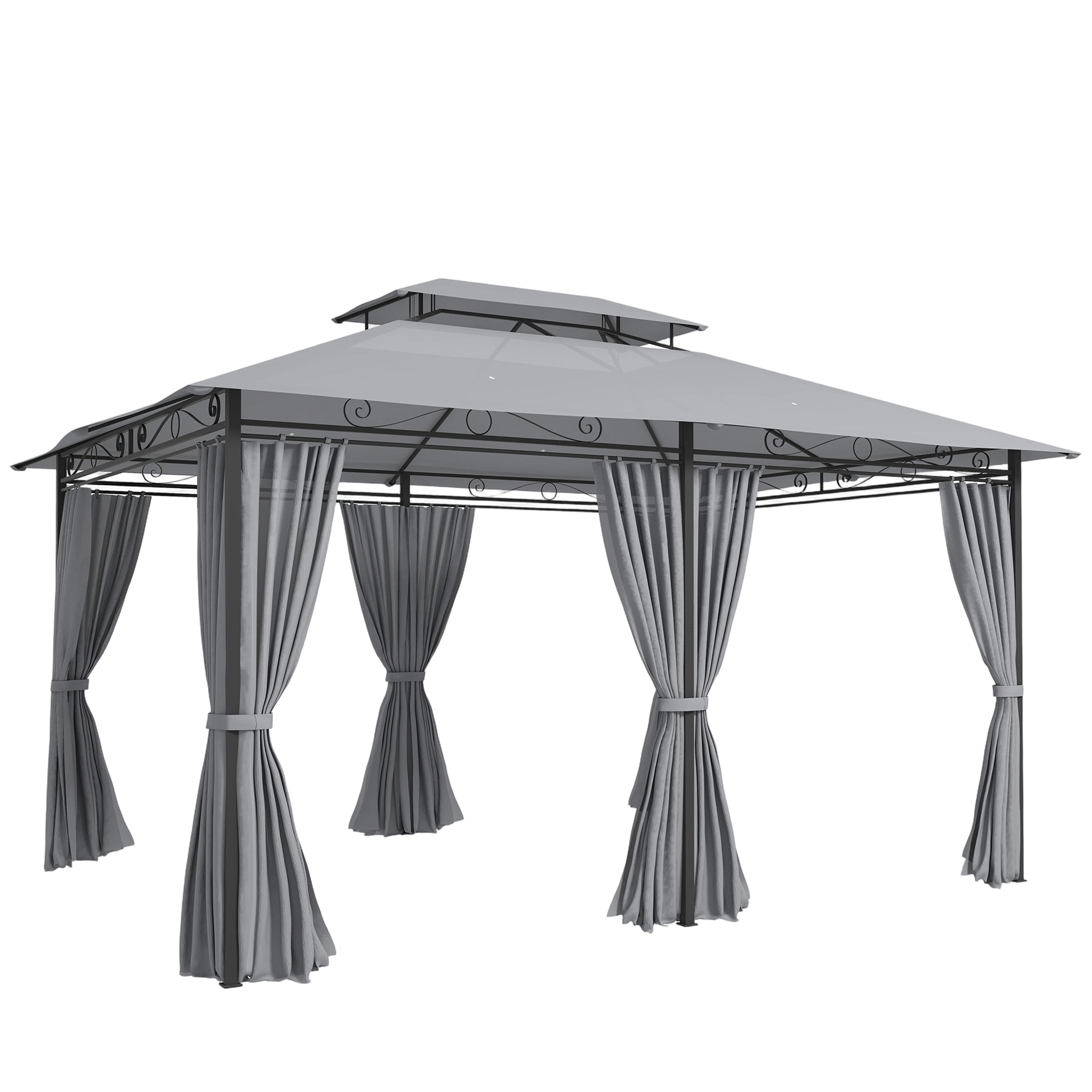 Havepavillon, udendørs pavillon med gardiner, ventileret tag, mørkegrå