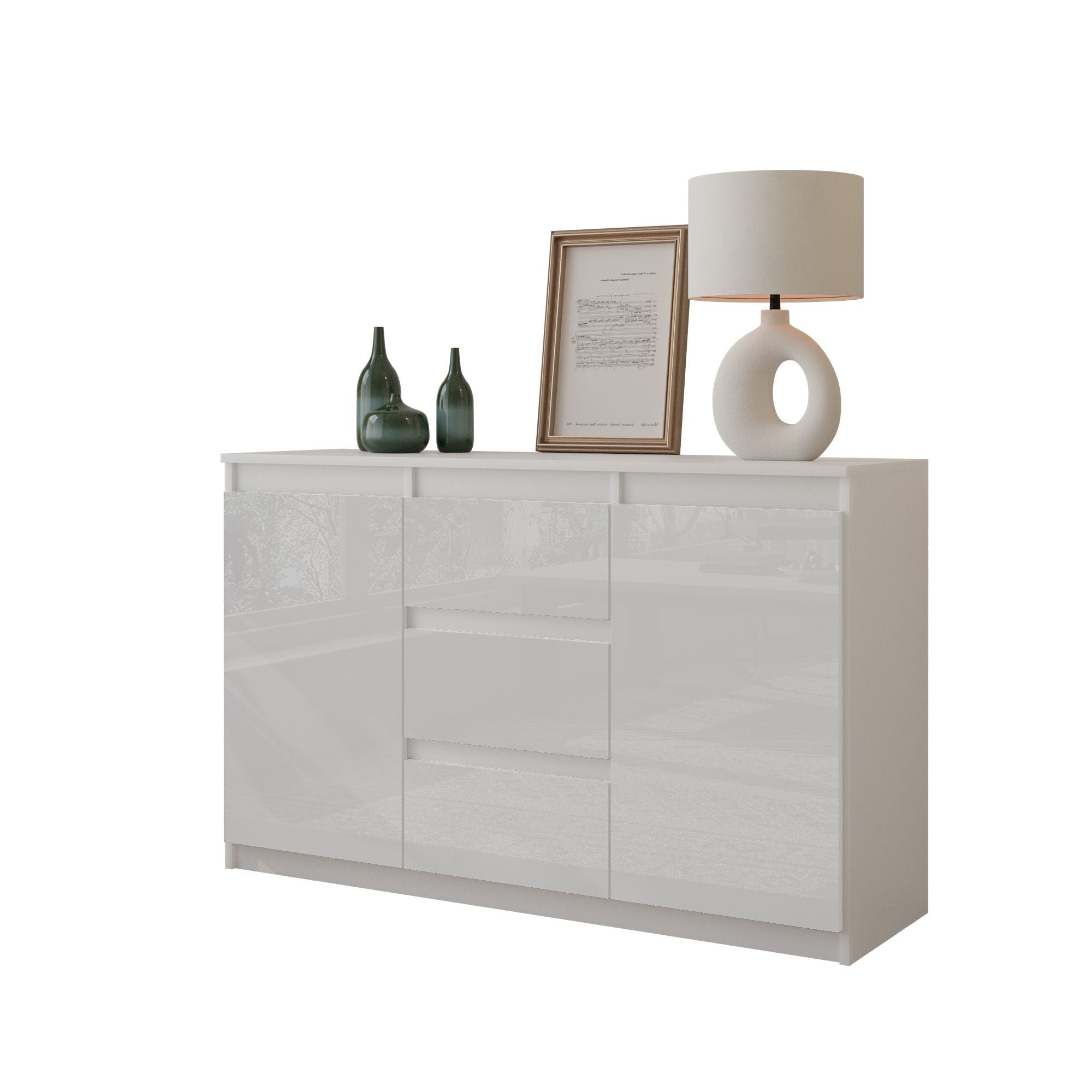 MIKEL - Kommode med 3 skuffer - mat hvid / højglans hvid H75cm B120cm D35cm
