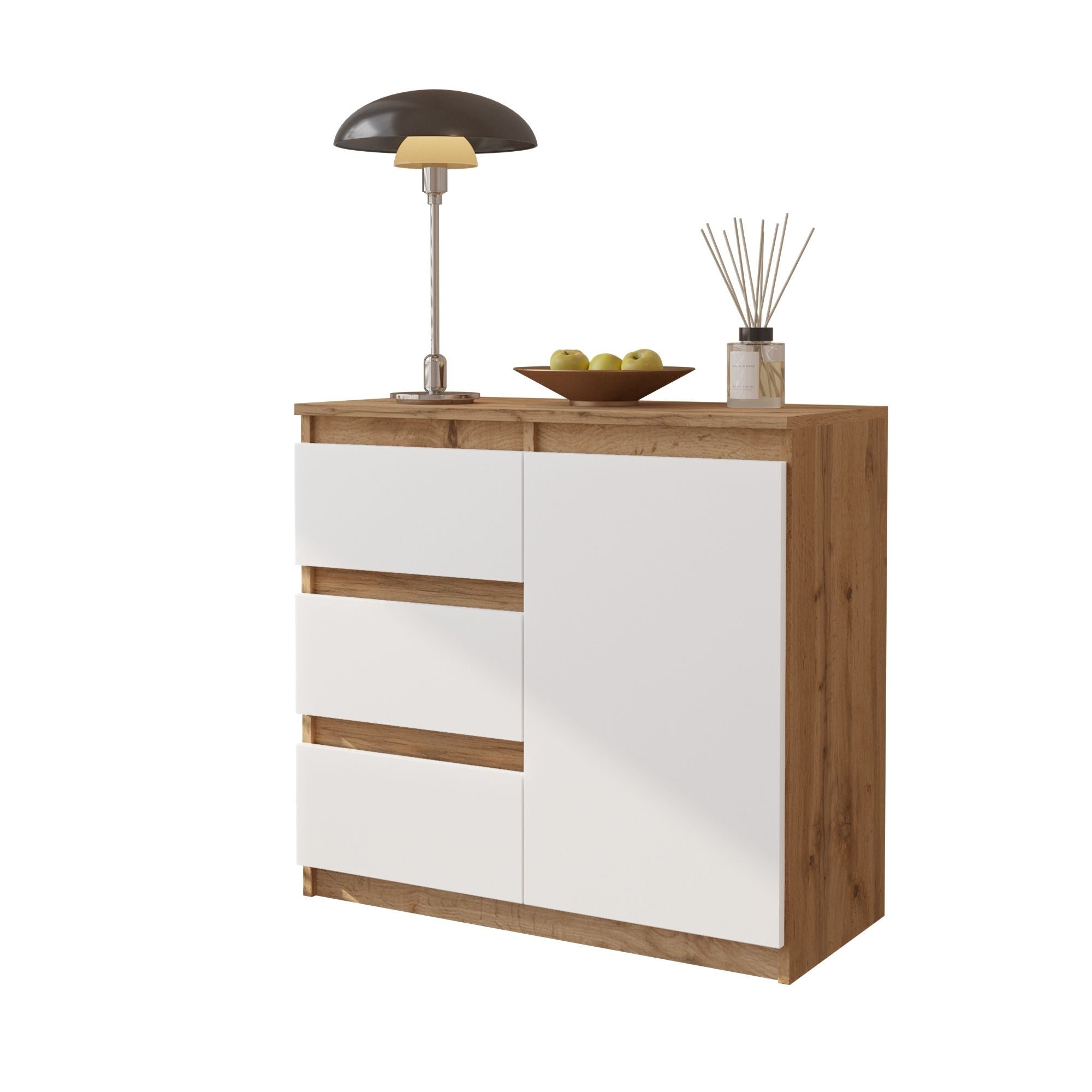 MIKEL - Kommode med 3 skuffer - naturfarvet / mat hvidtÂ H75cm B80cm D35cm