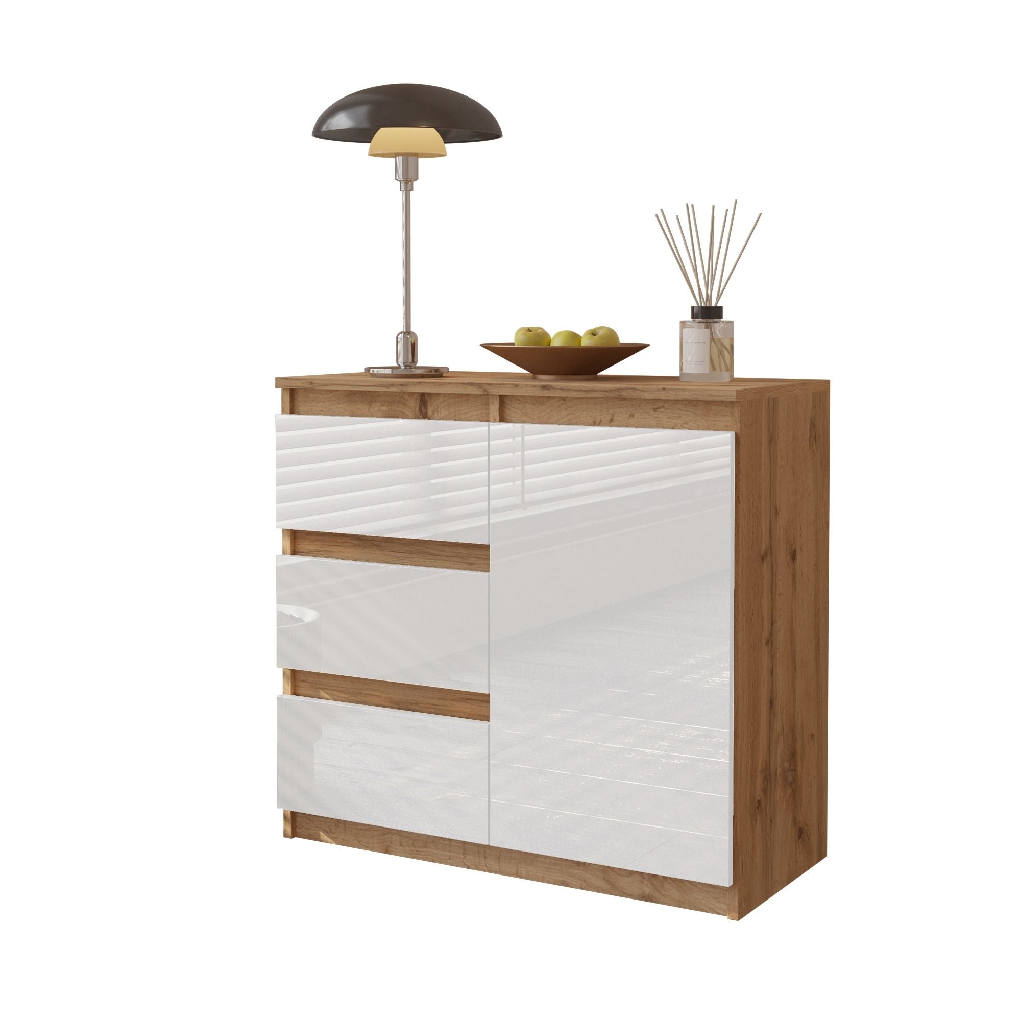 MIKEL - Kommode med 3 skuffer - naturfarvet / højglans hvid H75cm B80cm D35cm