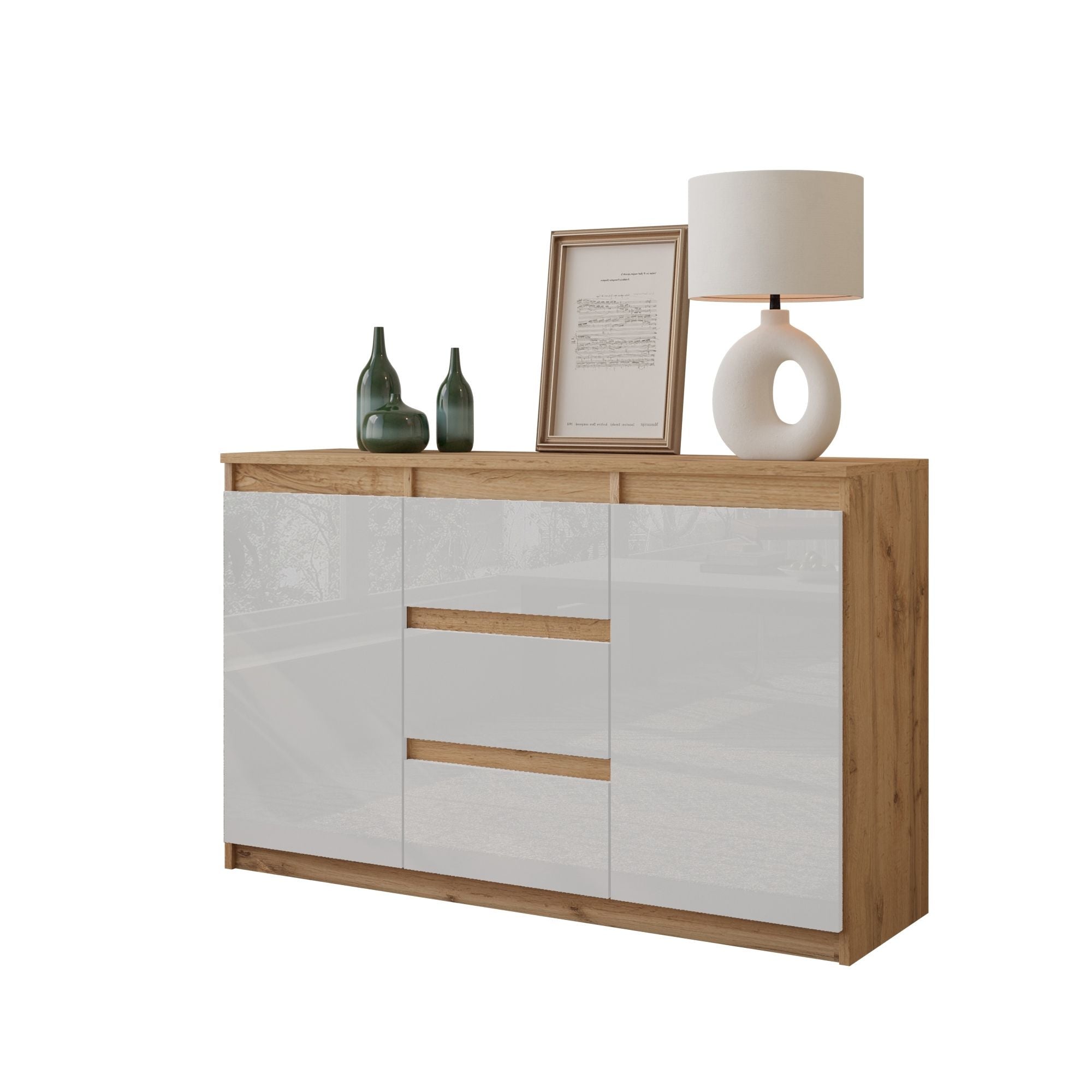 MIKEL - Kommode med 3 skuffer - naturfarvet / højglans hvid H75cm B120cm D35cm