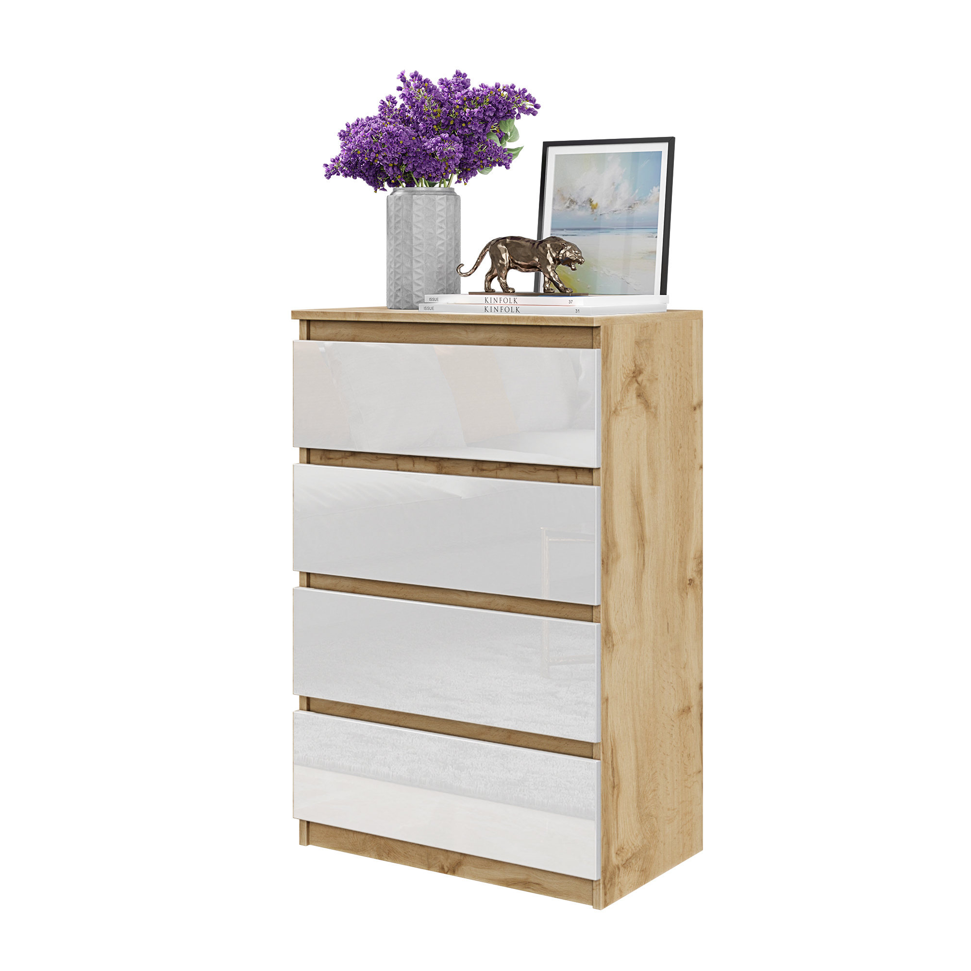 GABRIEL - Kommode / skænk med 4 skuffer - Wotan Eg / Hvid Højglans - H92cm B60cm D33cm