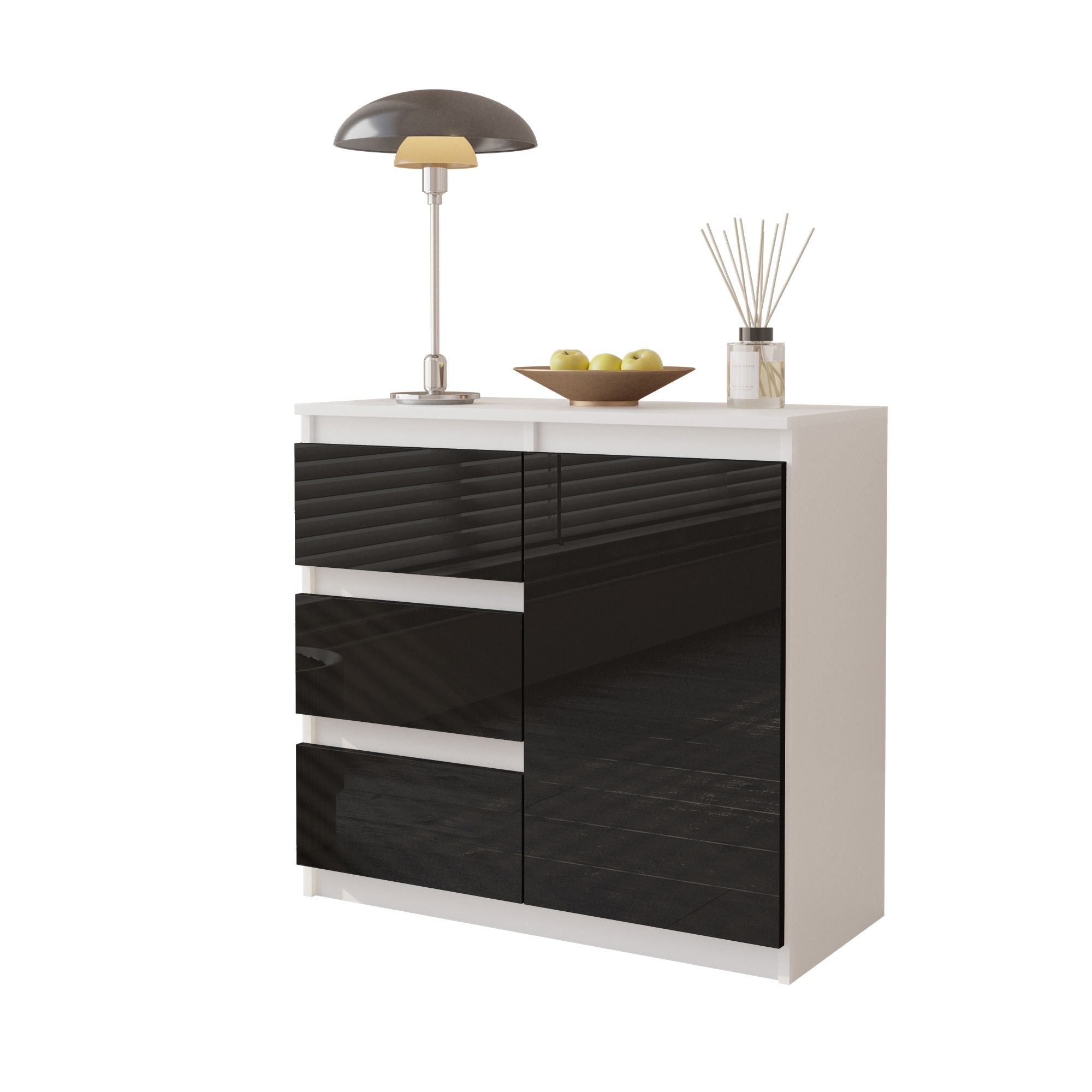 MIKEL - Kommode med 3 skuffer - mat hvid / højglans sortÂ H75cm B80cm D35cm
